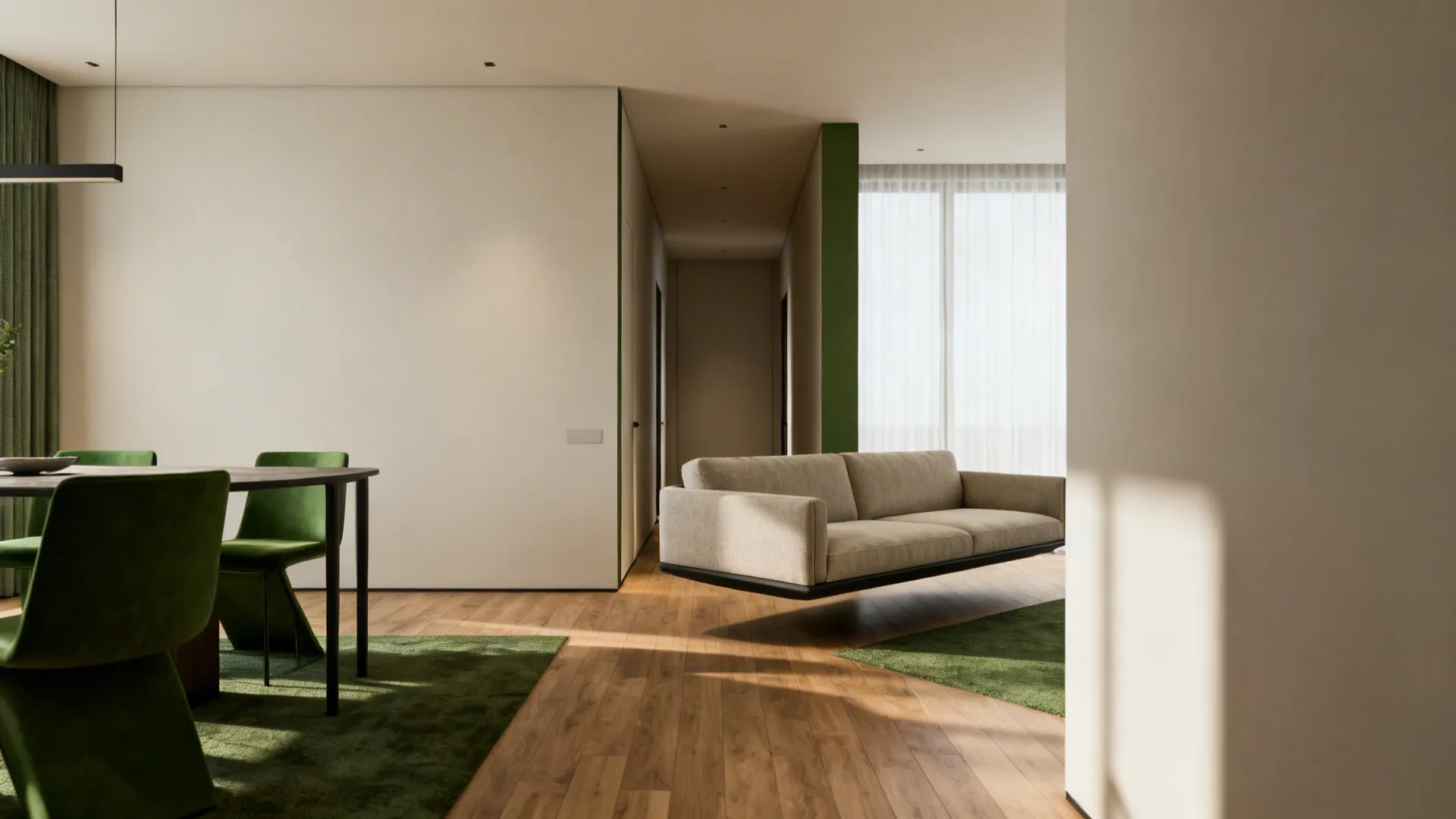 3. Float the sofa to create a natural dining boundary