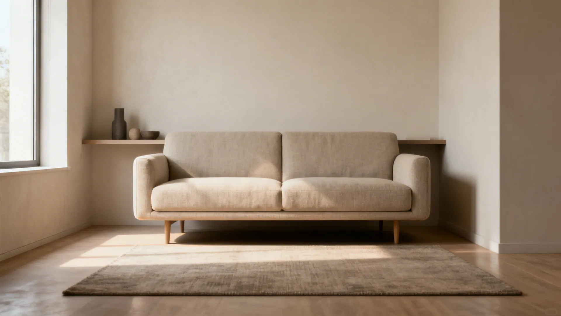 Floated sofa with a slim console behind it creating a clear circulation path in a small living room.
