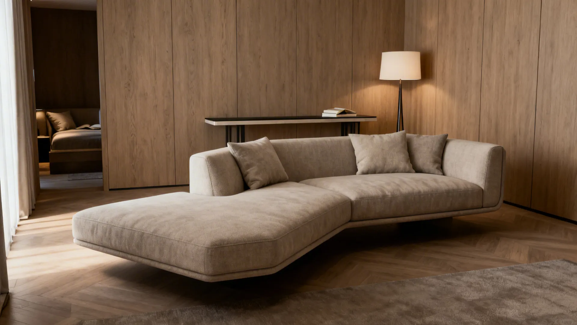 L-shaped sofa floated from the wall with a slim console behind and good circulation