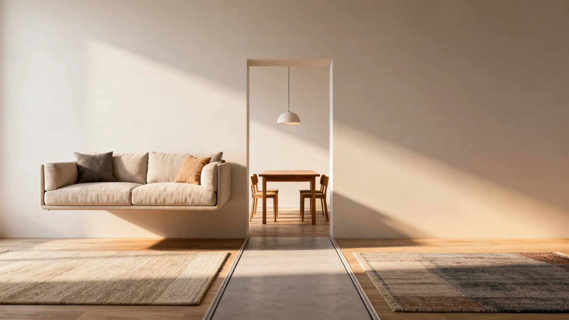Floated sofa with a narrow dining table positioned behind creating a distinct alcove