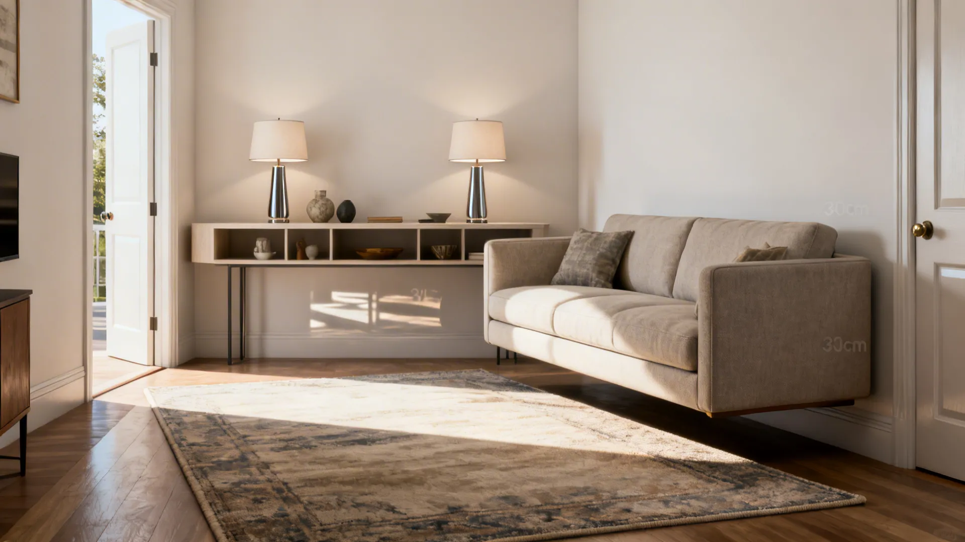 Small living room with a floated sofa and narrow console creating clear circulation.