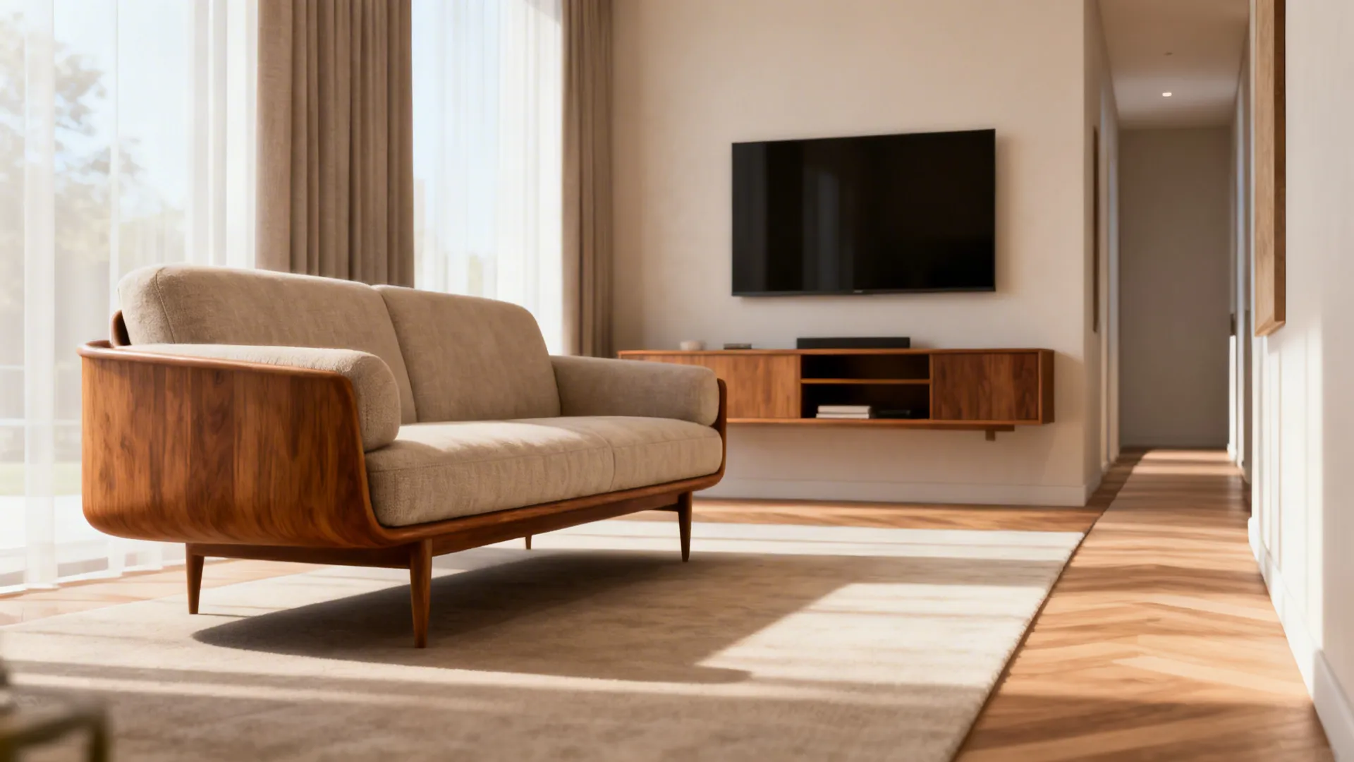 Sofa floated from the wall with a low console behind it, creating a natural walkway and better flow