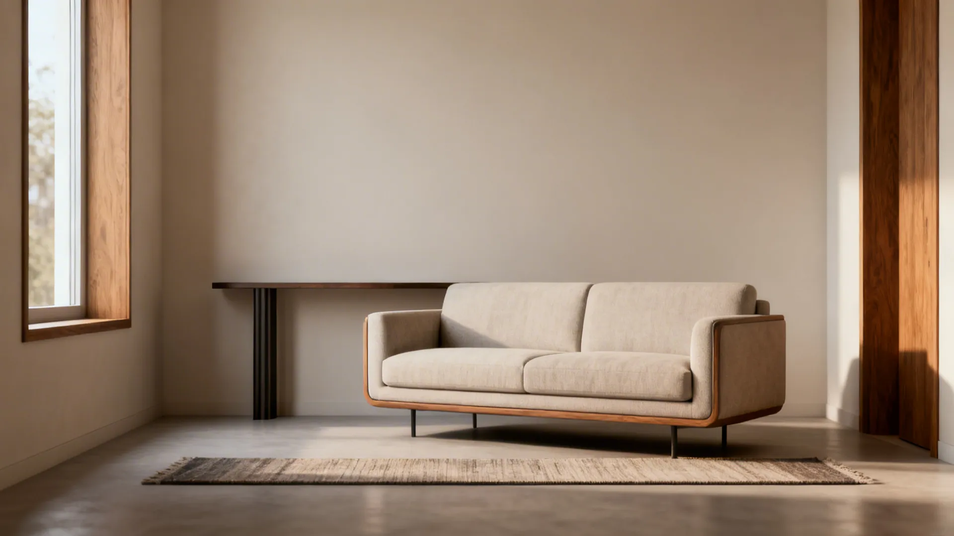 Small living room with a floated loveseat, slim console and runner rug creating circulation