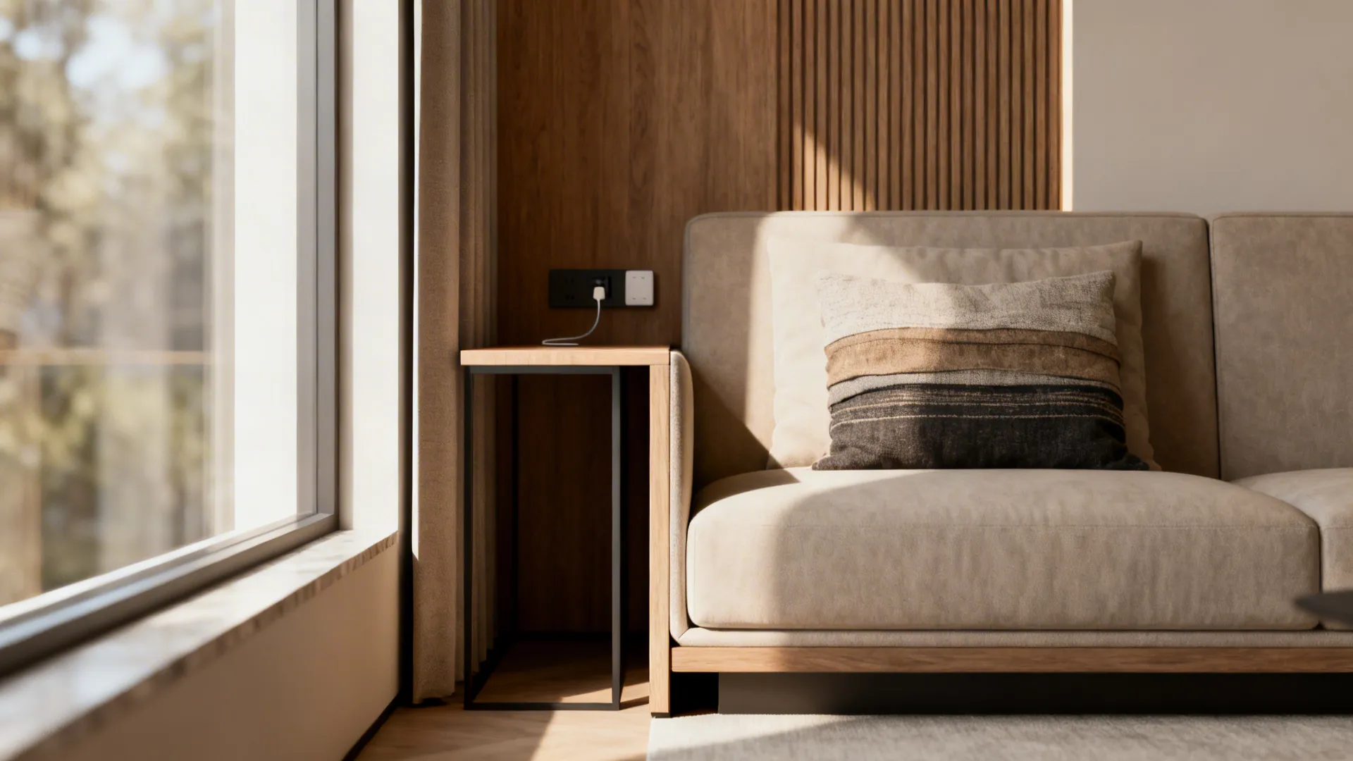 Beige sofa with striped pillow beside small wooden side table and a large bright window