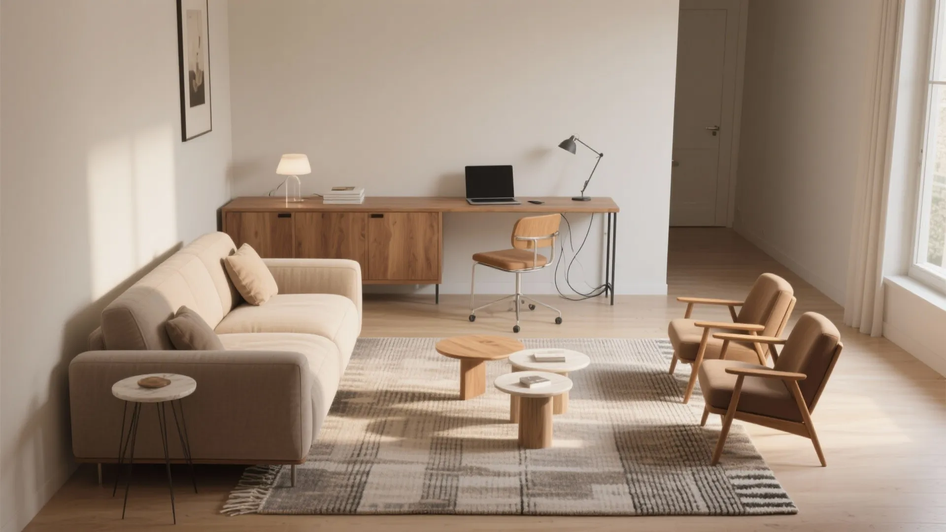 Modern living room with beige sofa wooden desk office chair patterned rug and two brown armchairs