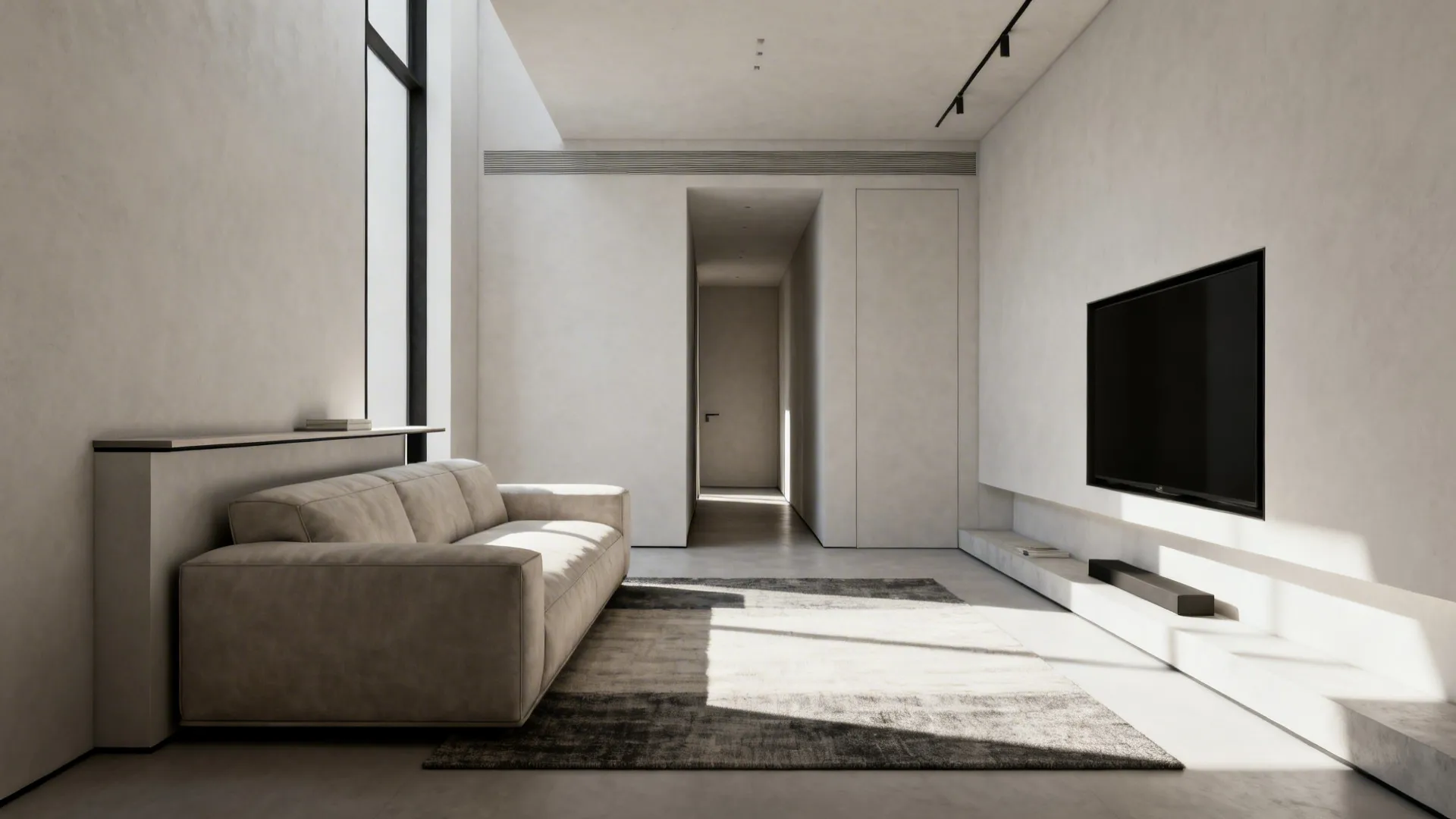 Narrow loft with a floated sofa creating a slim walkway and distinct TV zone.