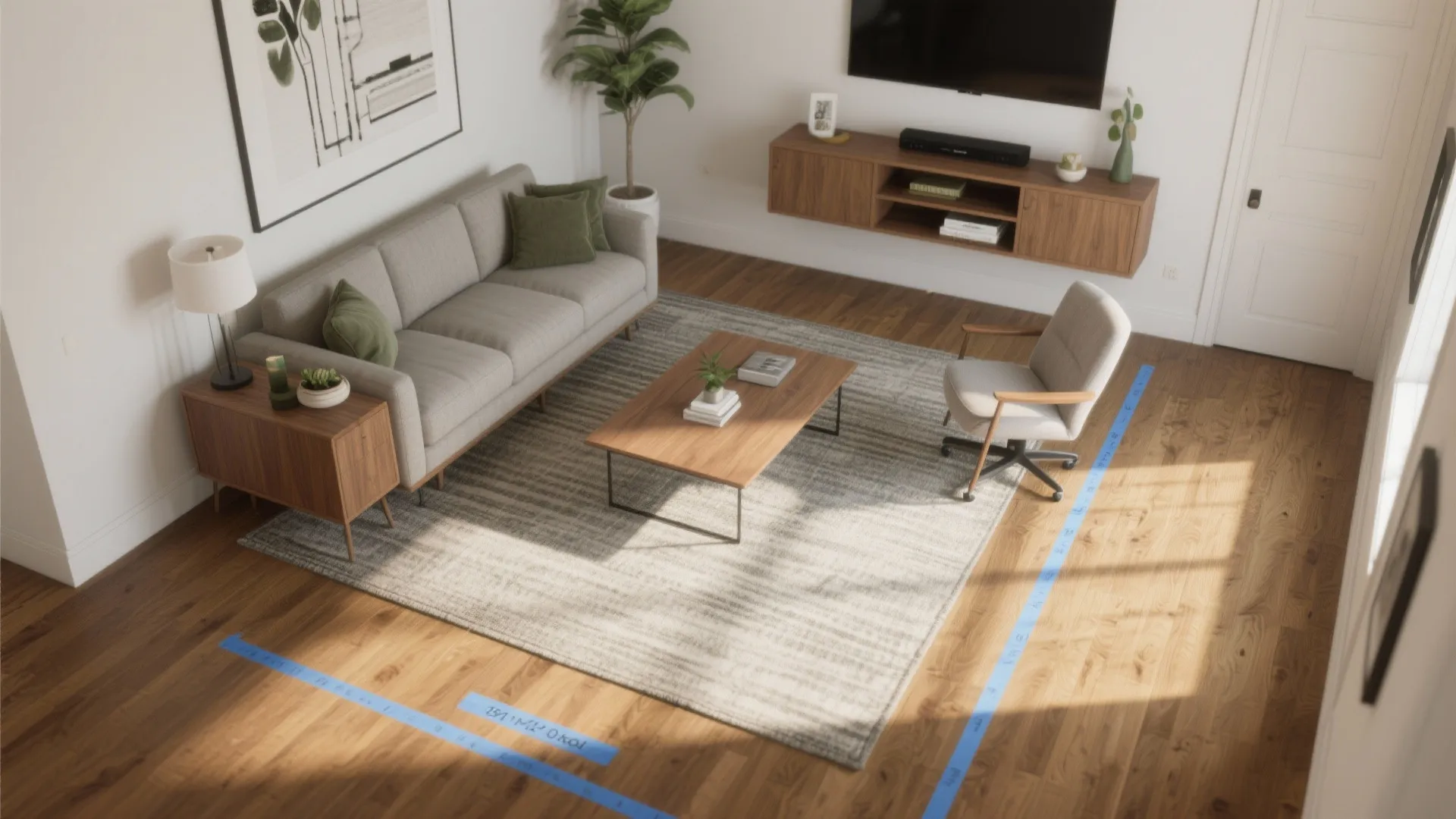 Modern living room with grey sofa wooden coffee table rug and blue tape on wood floor