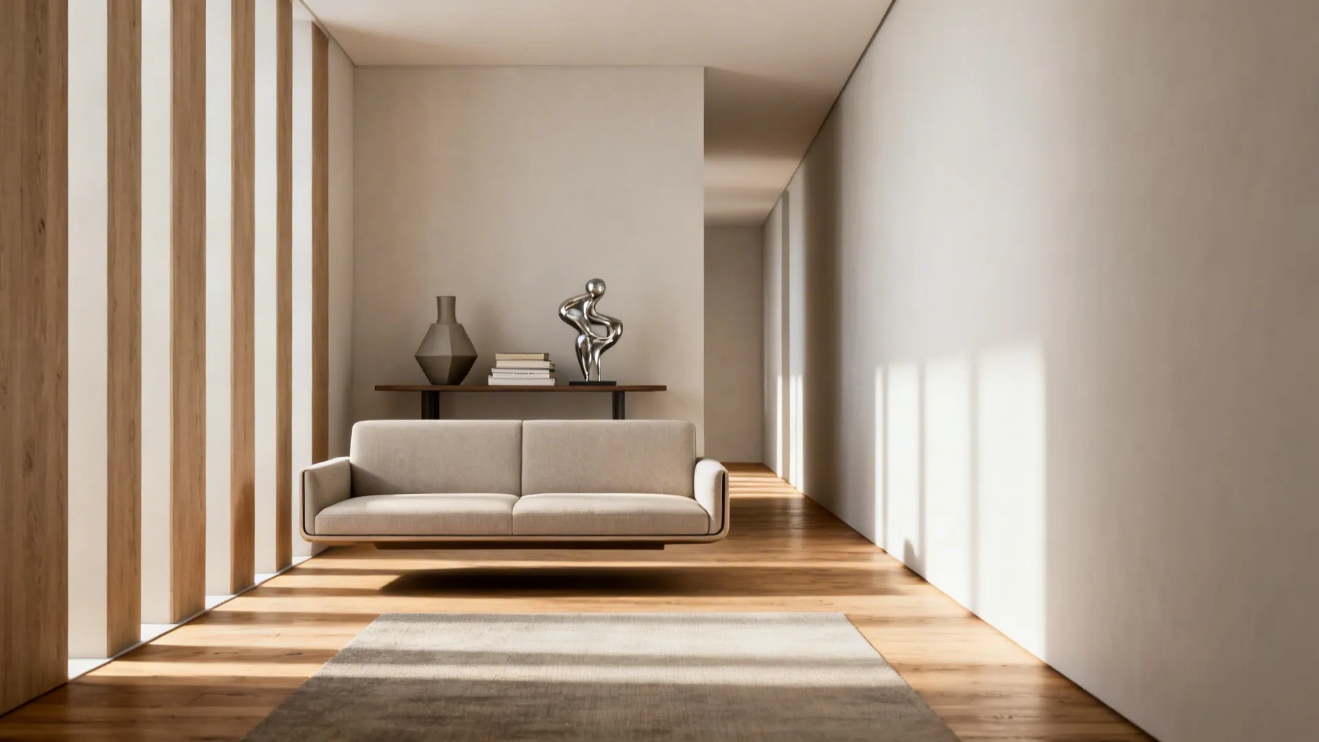 Floated sofa perpendicular to wall creating a clear walkway in a long narrow living room