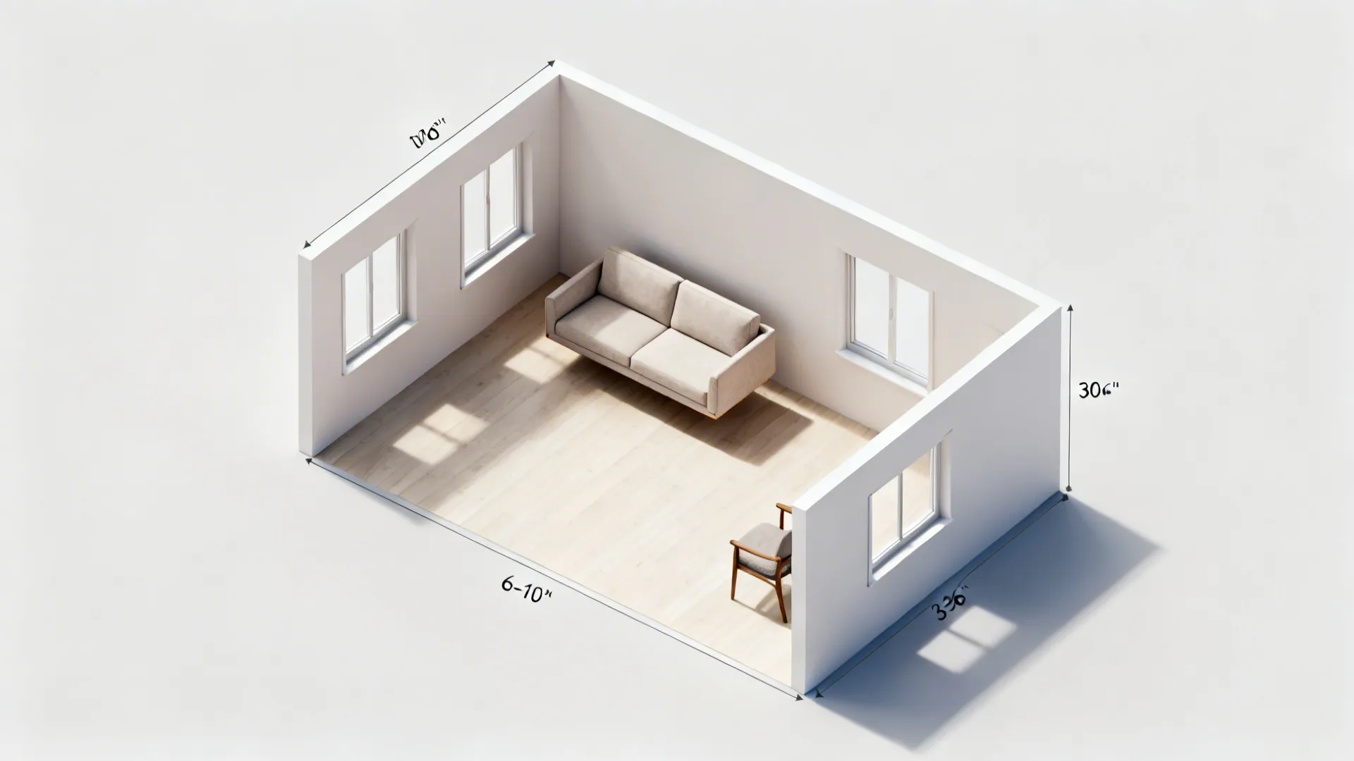 Top-down view of floated sofa layout with clear walkways in an L-shaped room.