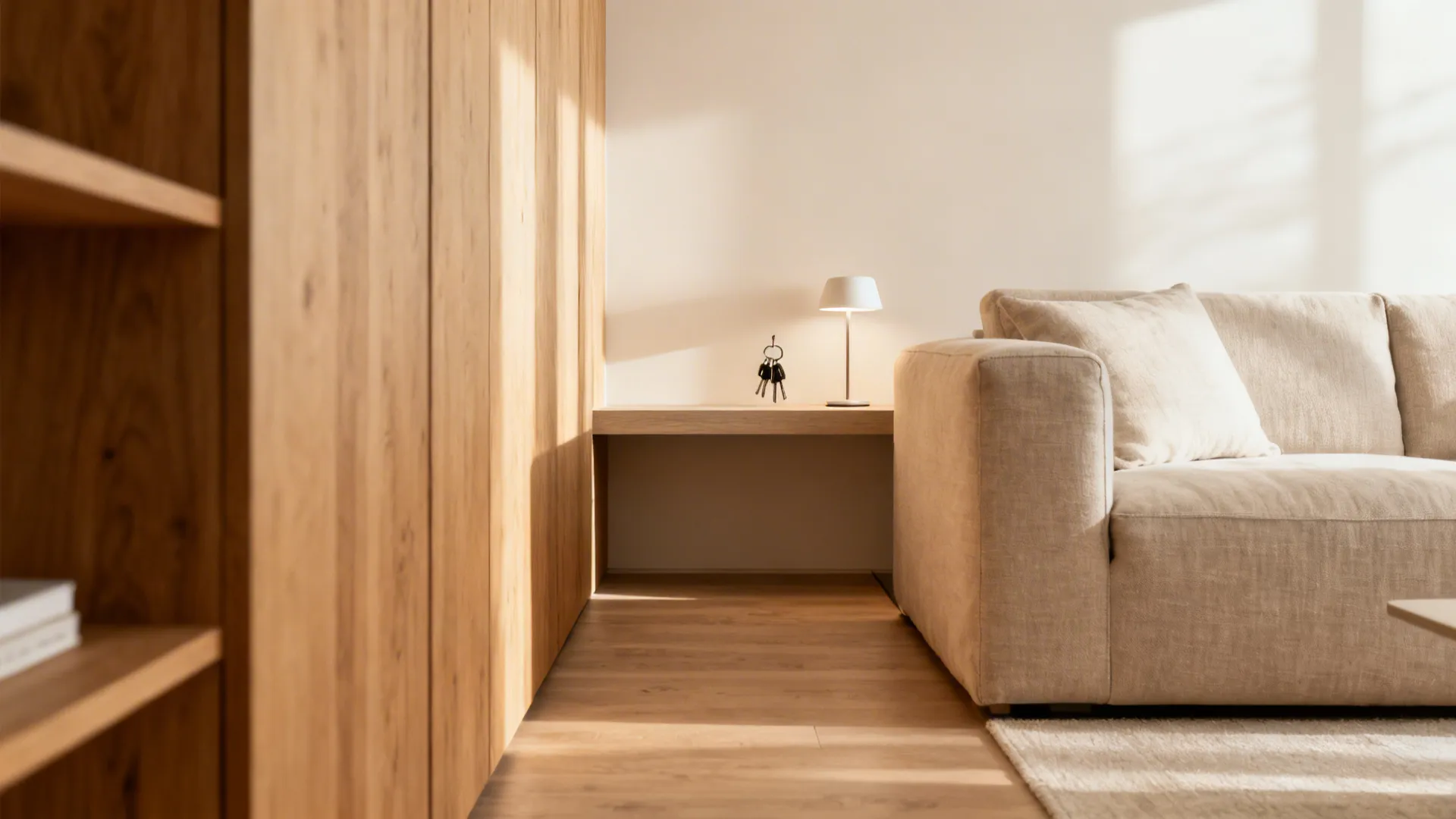 Minimalist living room featuring beige sofa wooden wall panel small table lamp and natural sunlight