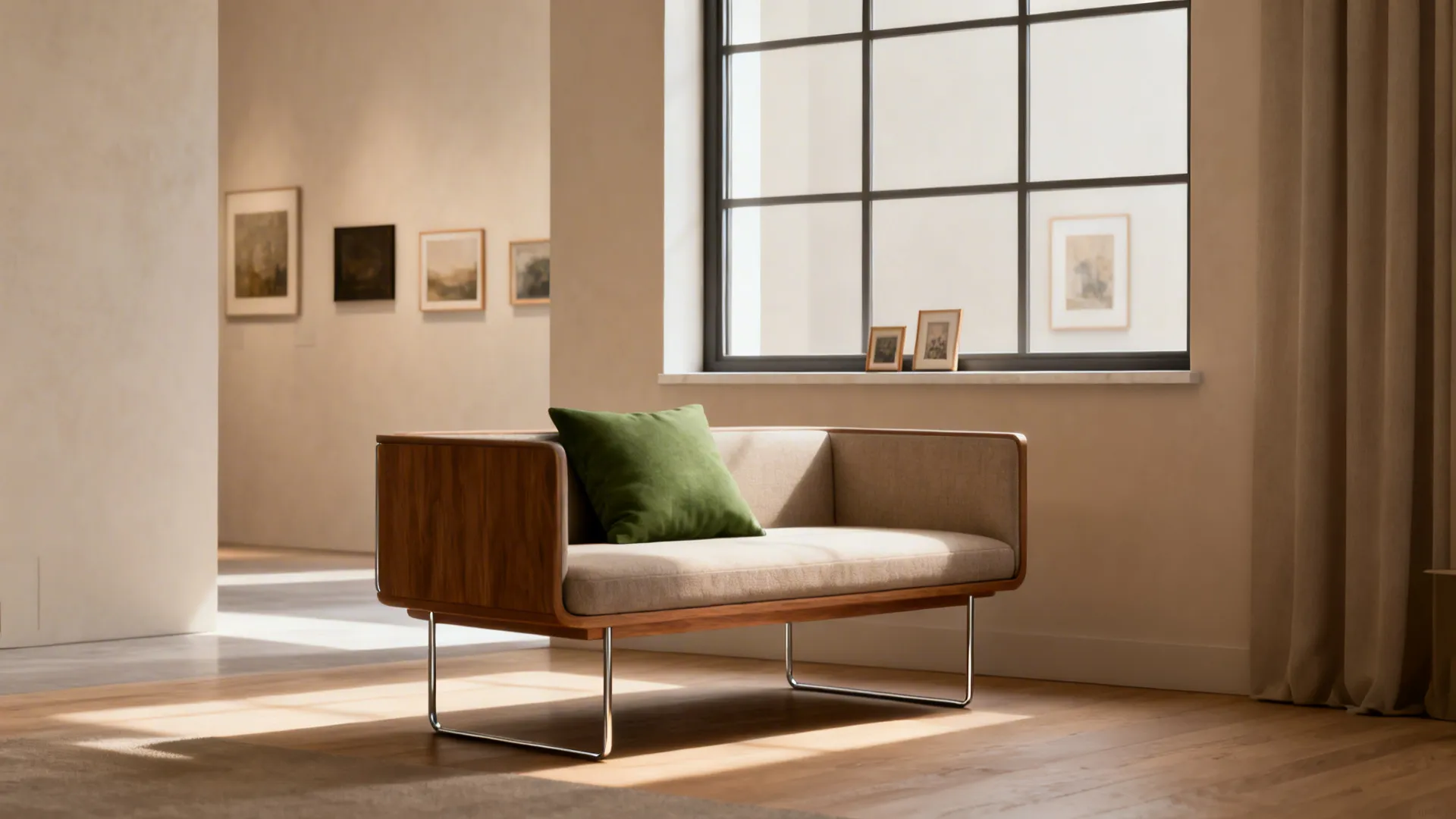 Compact sofa floated from a large window preserving sightlines and a circulation path.
