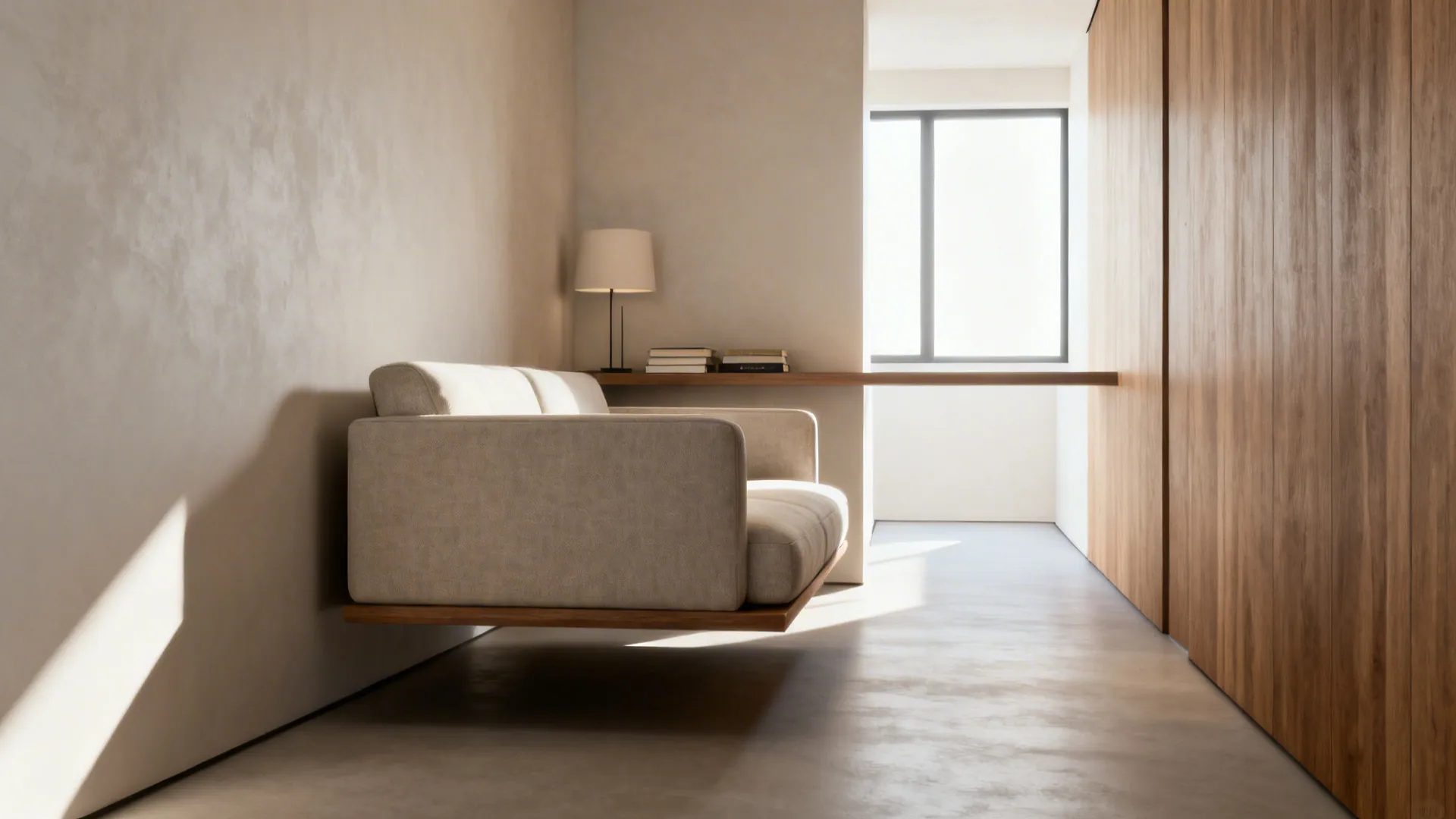 Minimalist floating beige sofa attached to a wood wall panel in a bright modern room