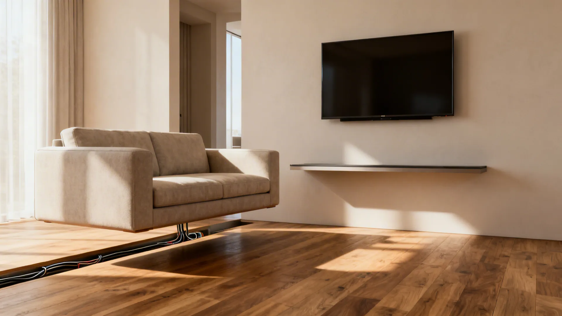 Interior design drawing showing a beige sofa and wall mounted television over a wood floor