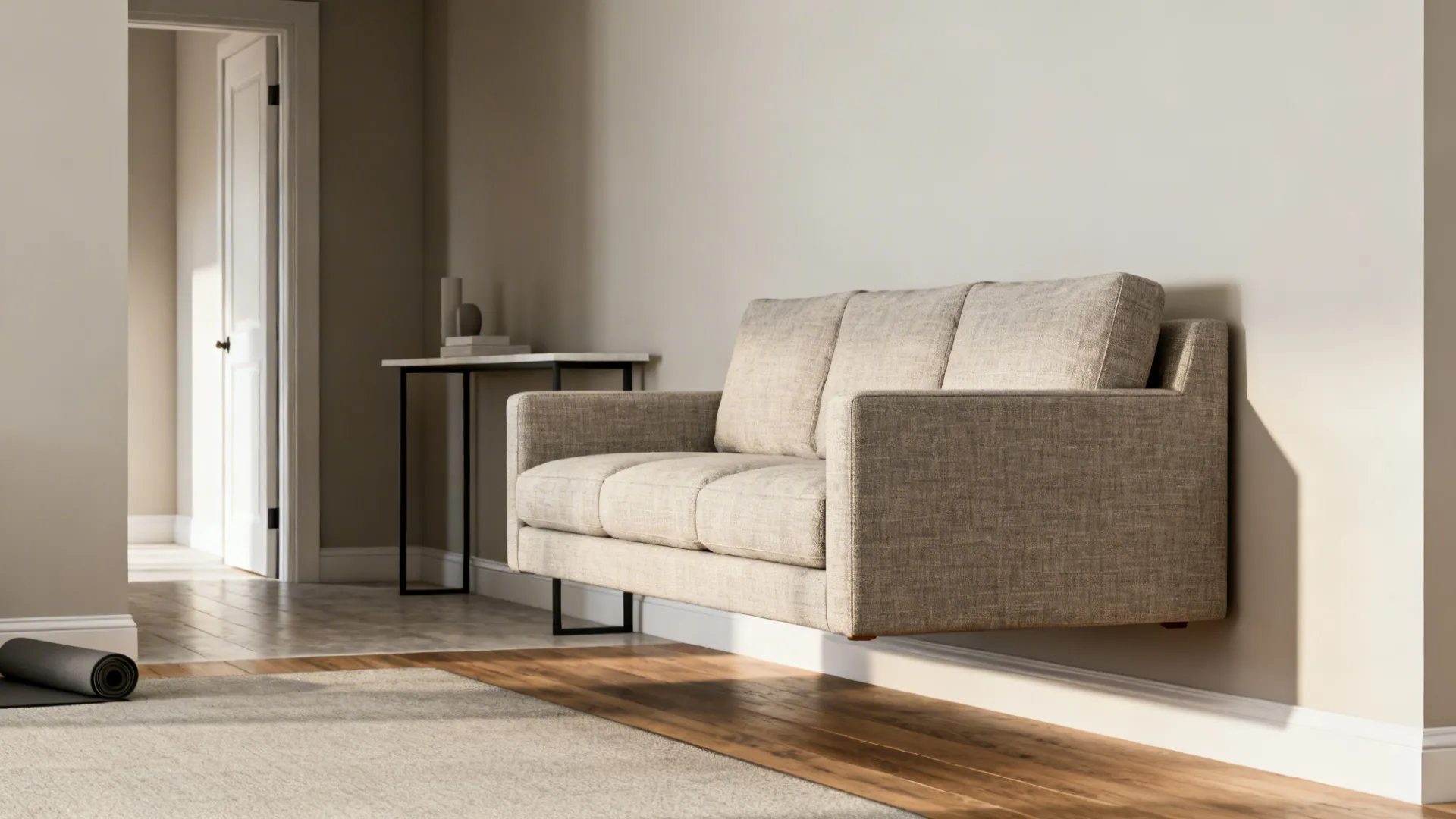 Room to Go sofa floated from the wall with a slim console behind it and a clear circulation path