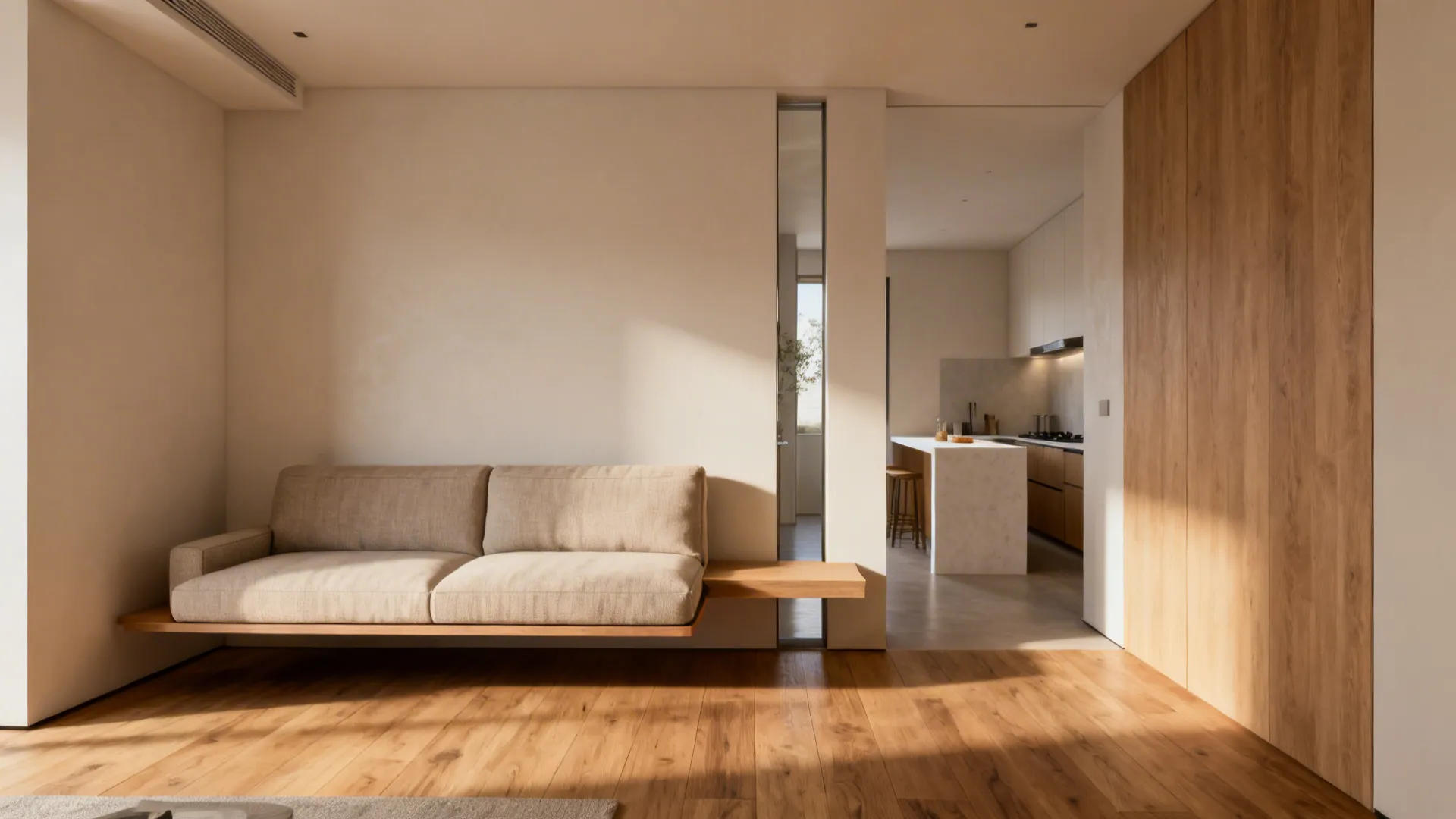 Floating slim sofa with a narrow console creating a soft divider between living area and kitchen.