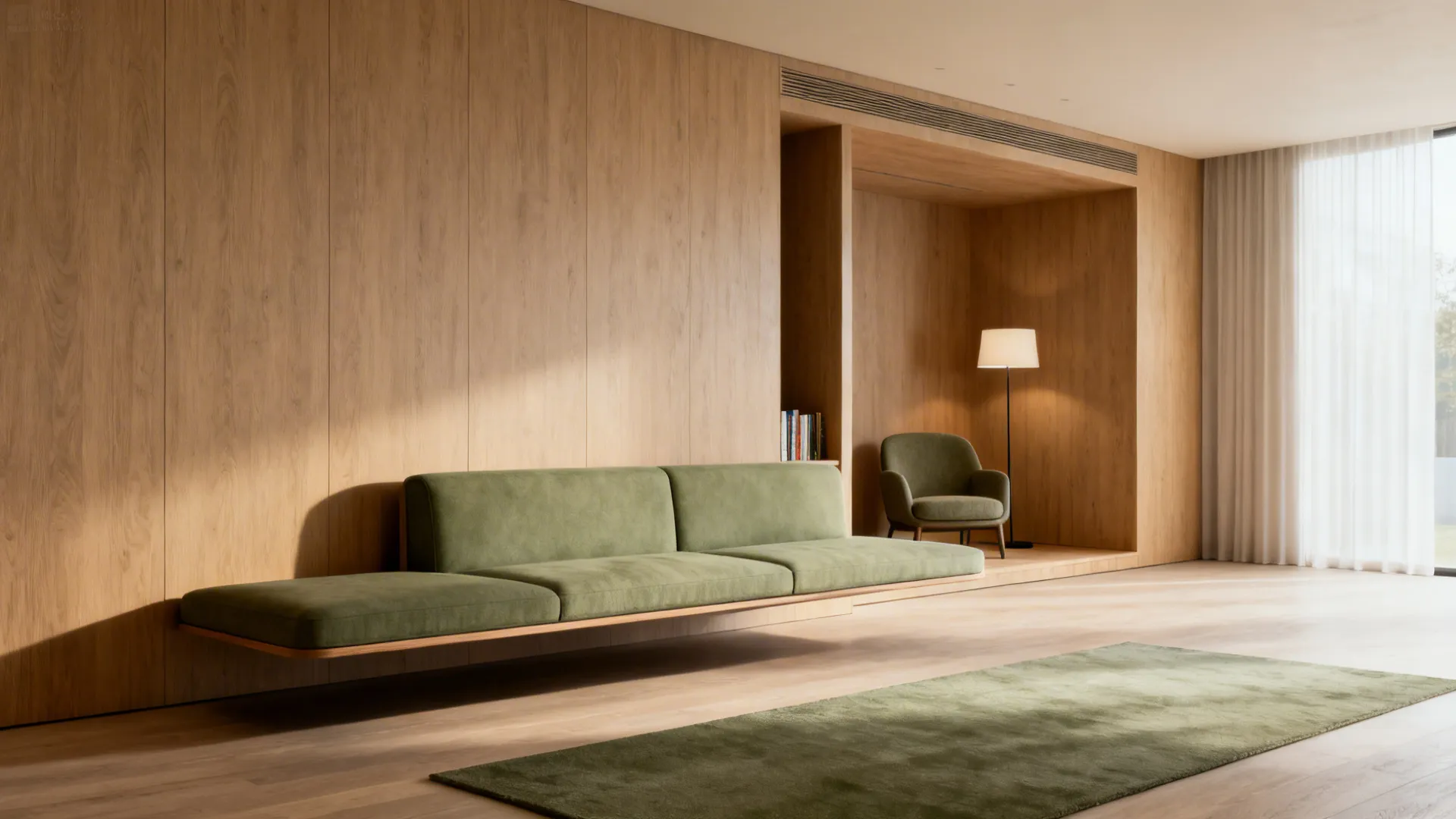 Narrow-back sofa floated from the wall forming a conversation zone and reading nook behind it