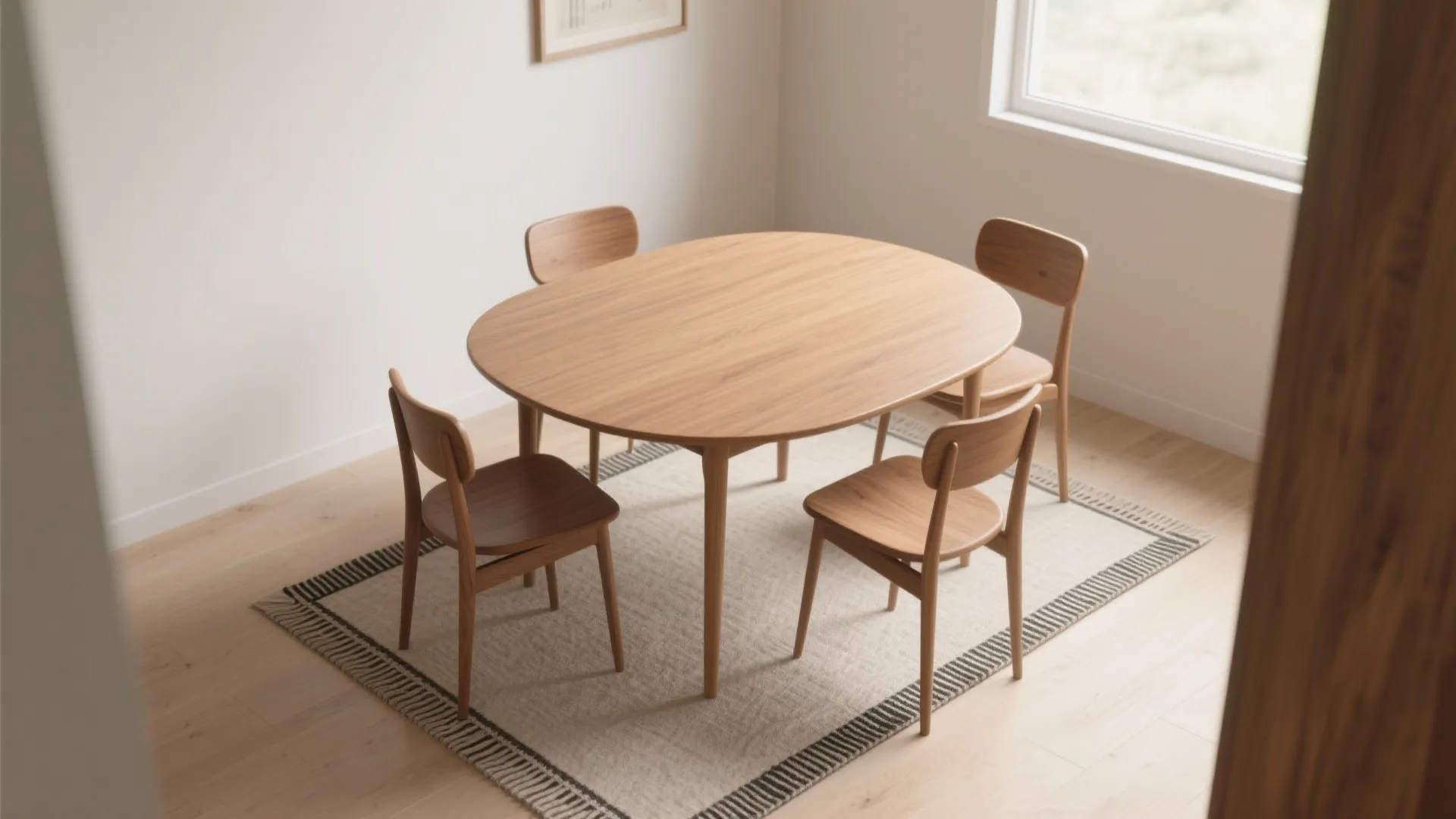 Oval wooden dining table and four chairs placed on a rug with a black border