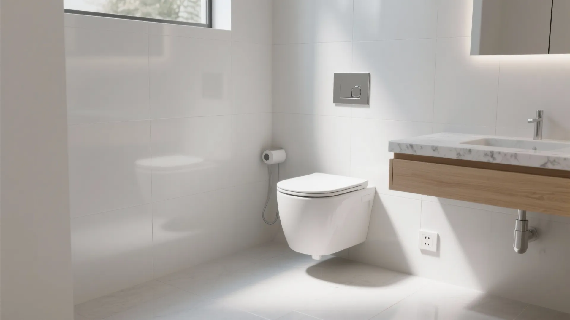 Modern white bathroom featuring wall hung toilet floating vanity marble sink and bright natural sunlight lighting