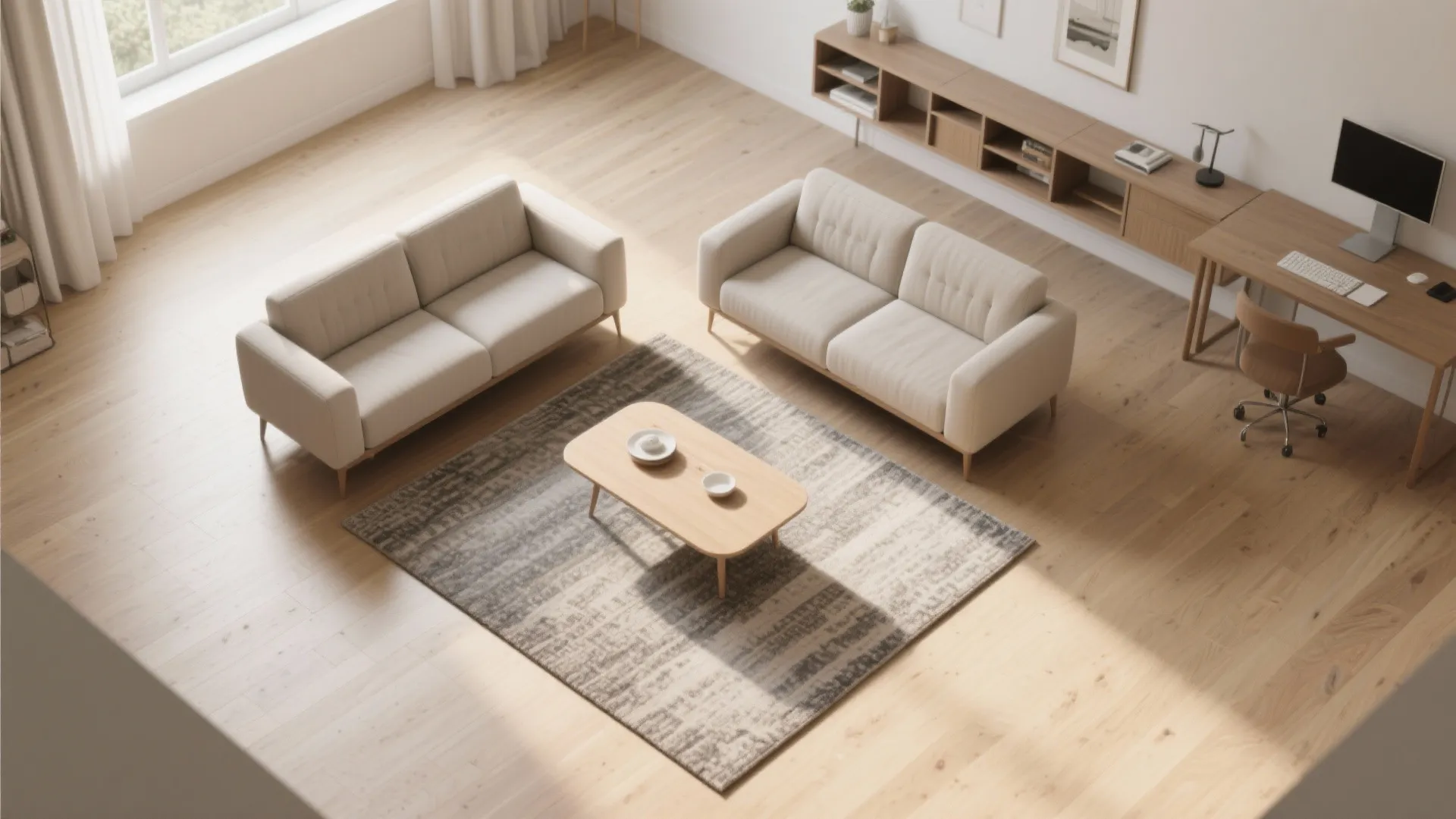 Top down room layout view showing two white sofas wooden desk and a patterned rug