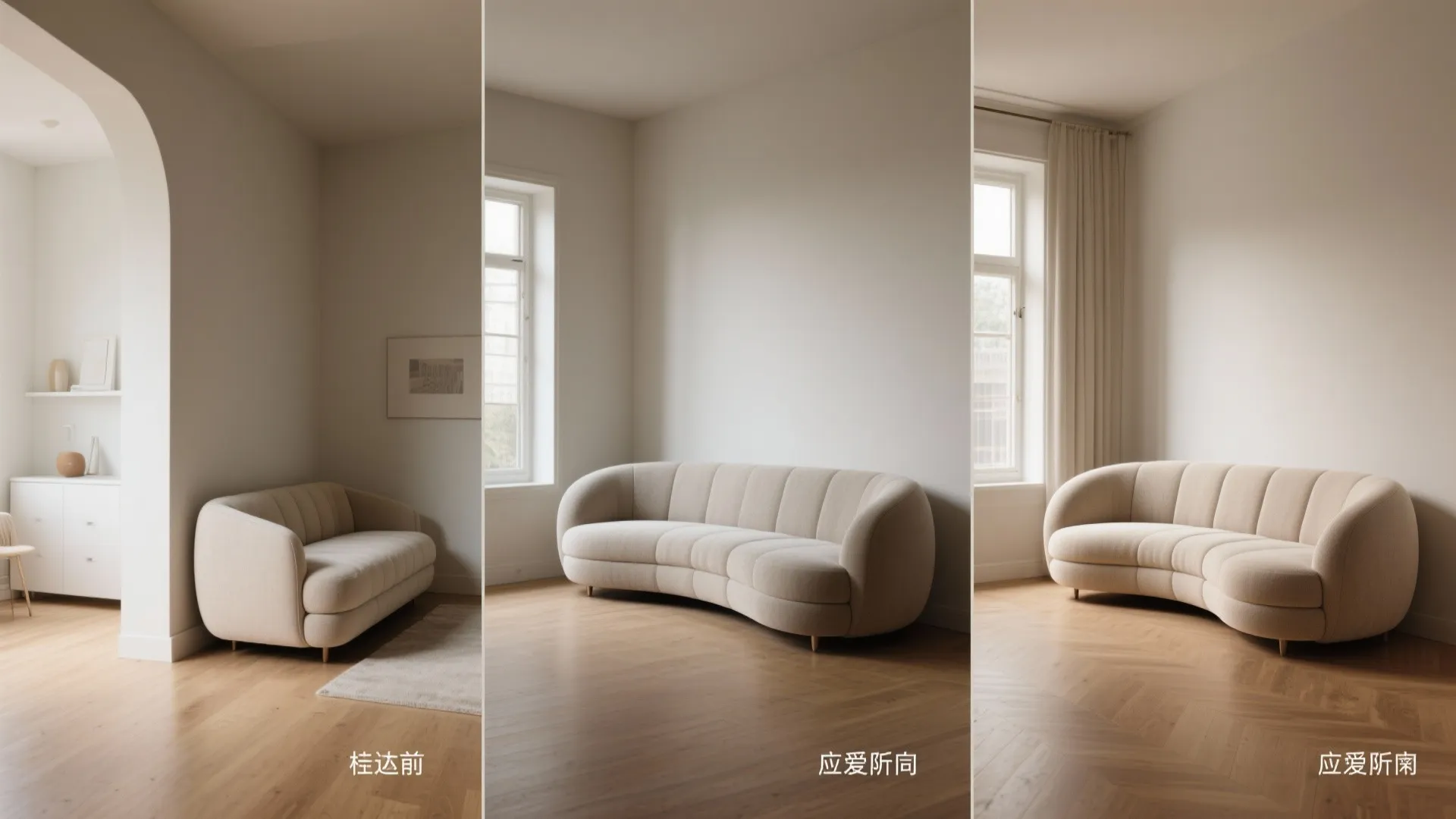 Three panels showing a curved cream sofa in a minimalist room with light wood floors