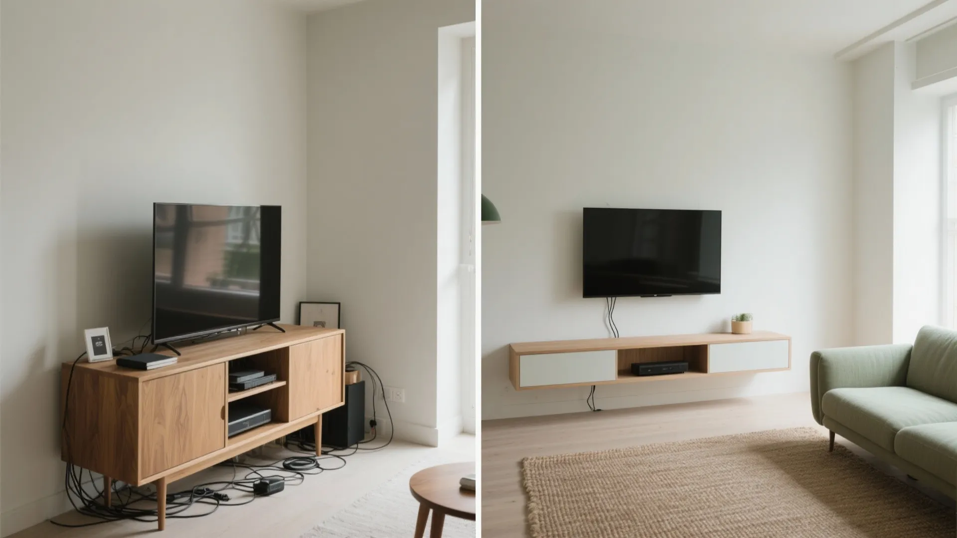 Wall-Mounted TV + Floating Storage = Airy Sightlines