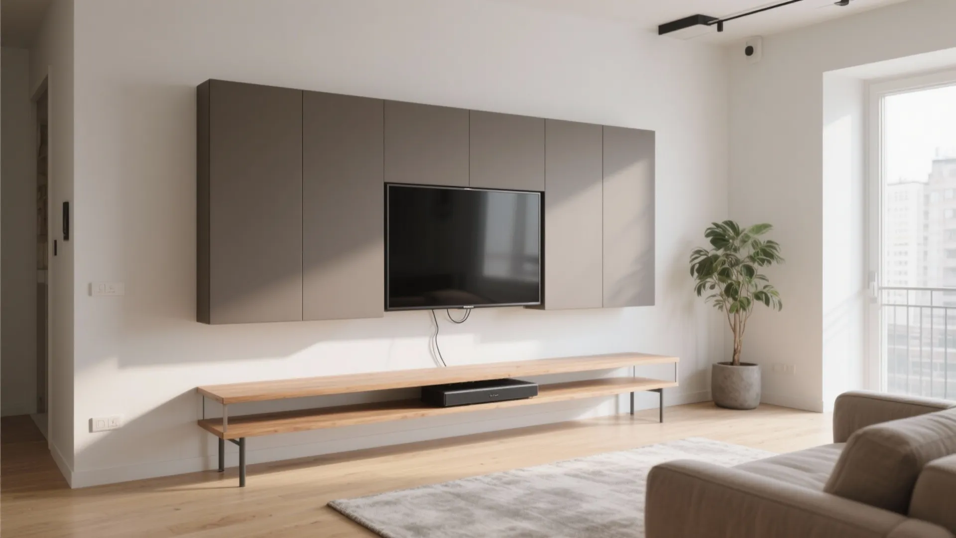 Modern living room with wall mounted television brown cabinets wooden floor shelf and a plant