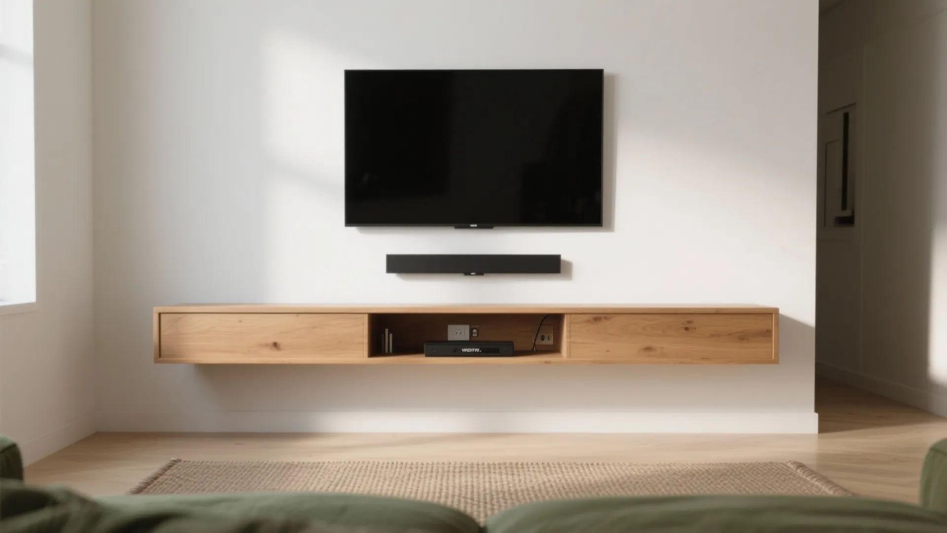 Minimalist living room featuring a wall mounted television above a wooden floating cabinet and rug