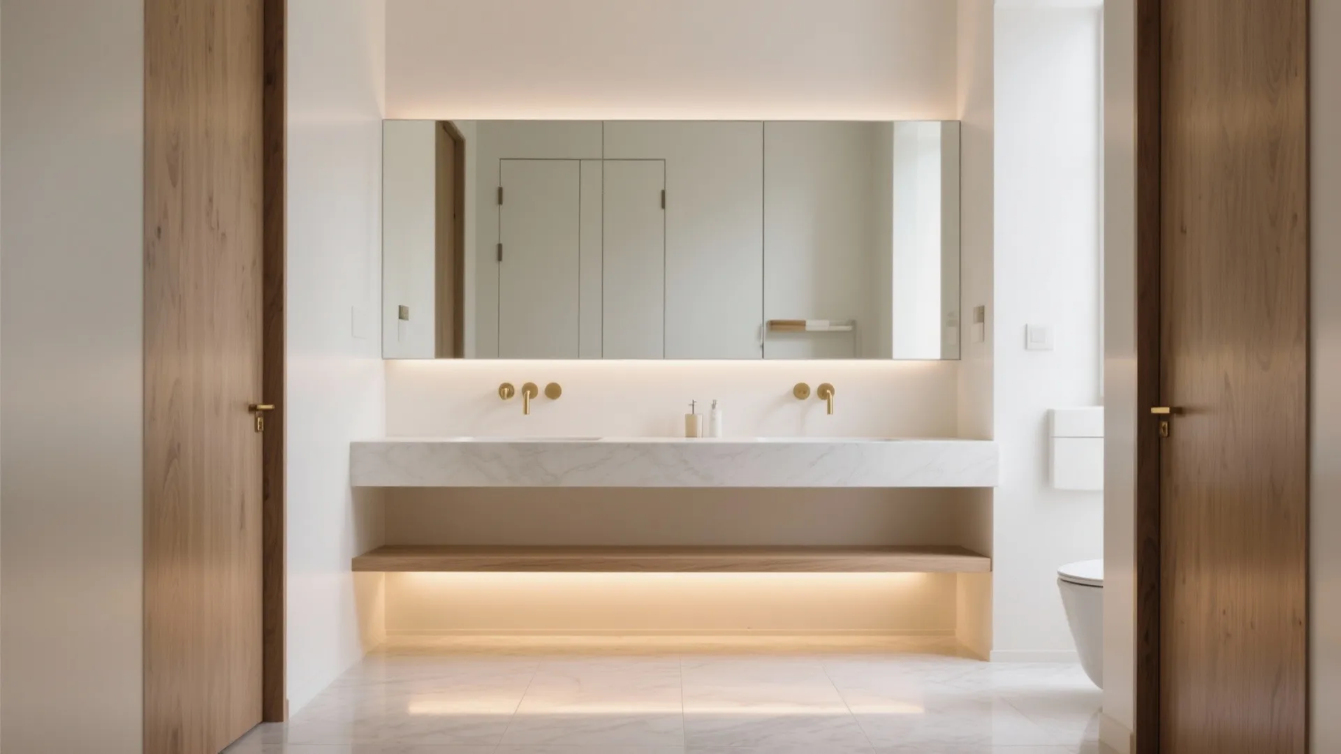 Modern bathroom with white marble double sink vanity large mirror gold faucets and wood doors