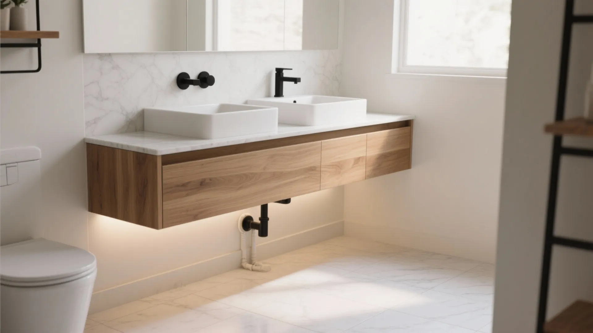 Modern bathroom with double white sinks on a wooden floating cabinet and white marble walls