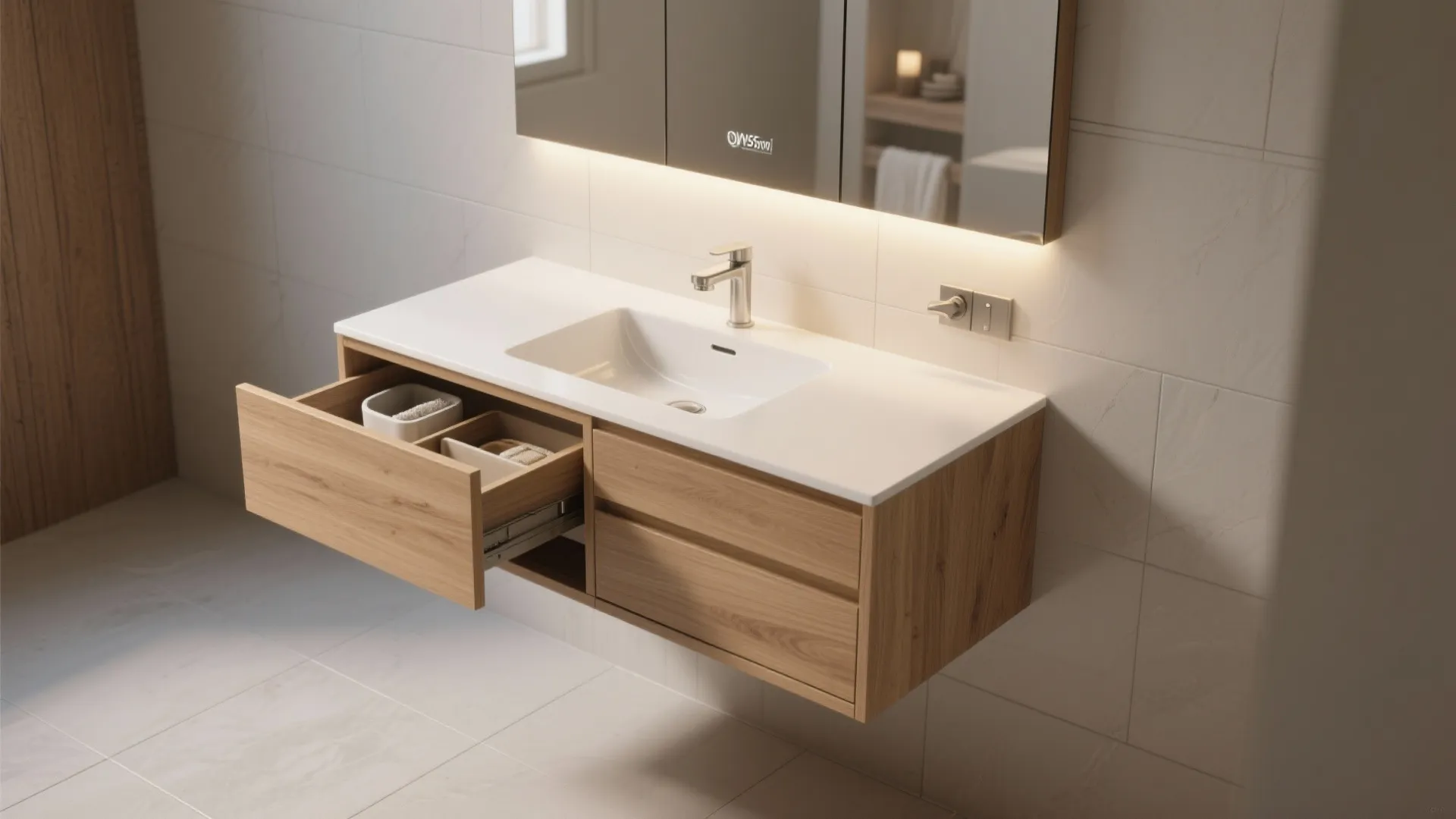 Floating vanity + mirrored storage to declutter the floor