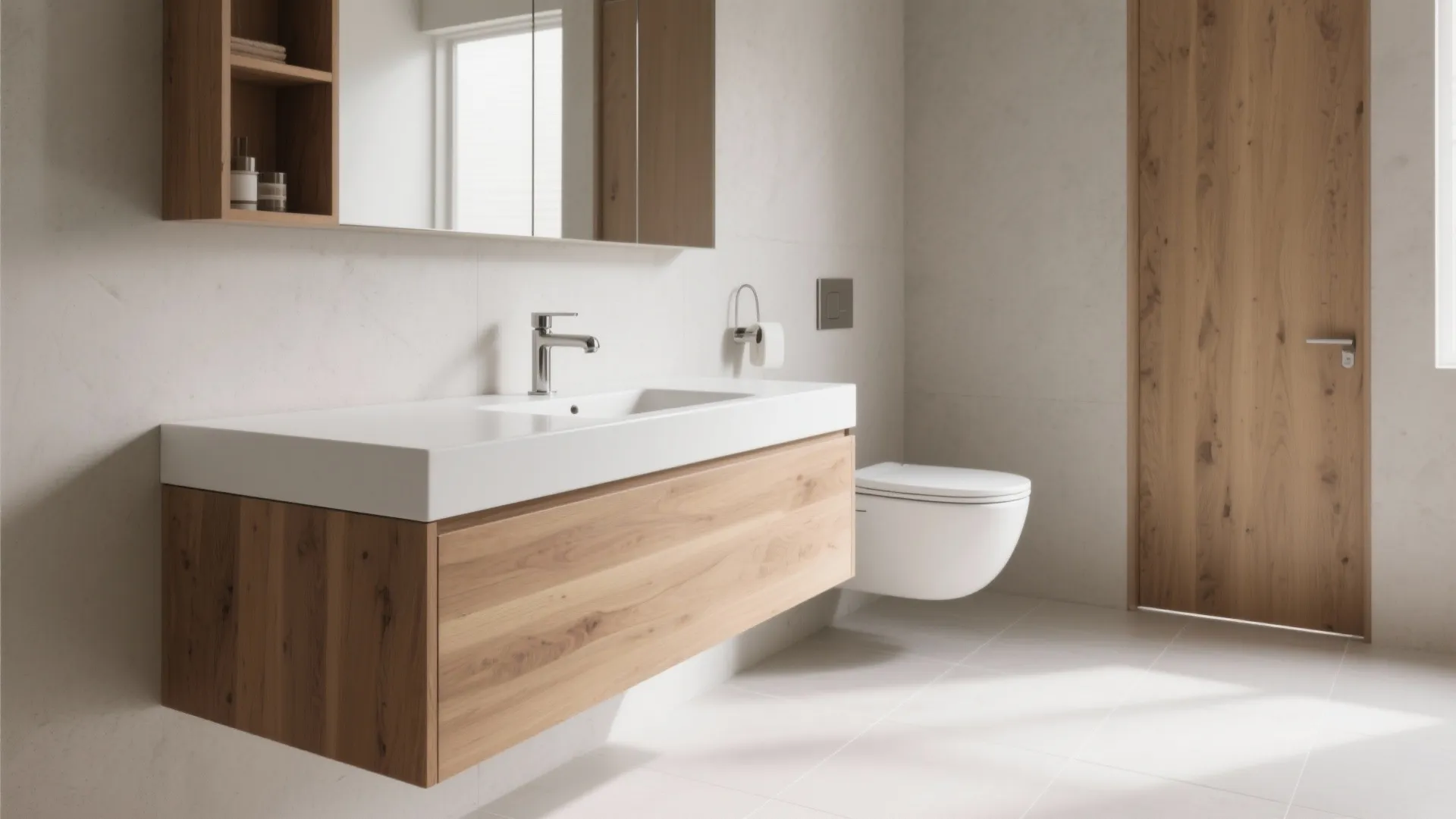 Minimalist bathroom interior featuring hanging wood cabinet white sink toilet and wooden door design layout