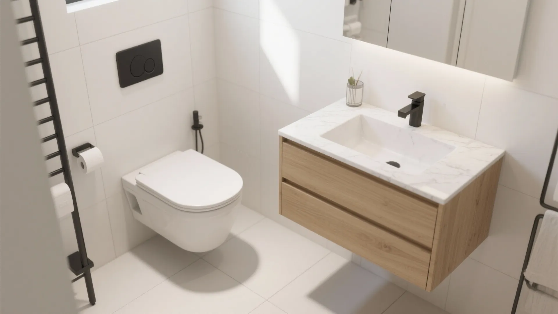 Floating Vanity and Wall-Hung Fixtures to Free Floor Space