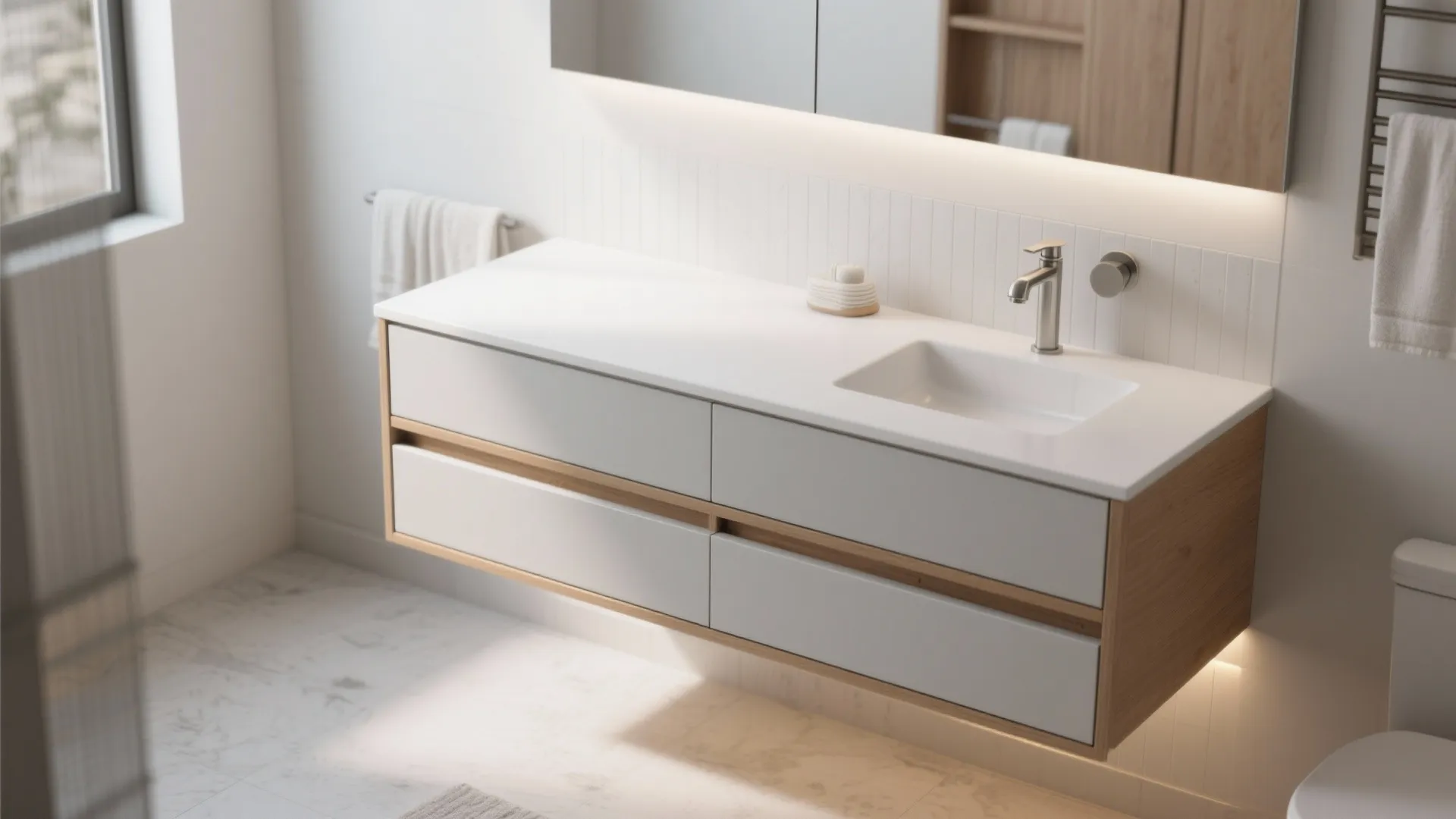 Small bathroom with 36-inch floating vanity, two deep drawers, and under-cabinet LED glow.