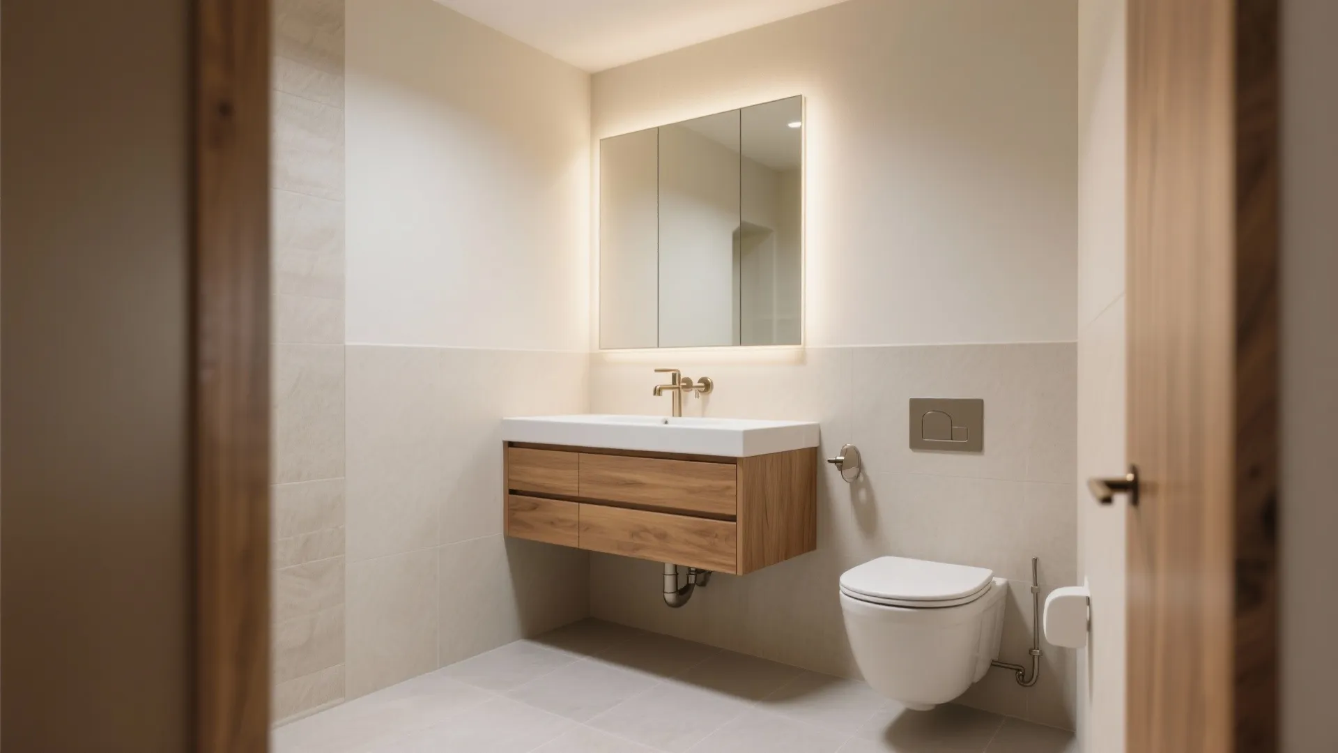 Floating vanity and wall-mounted toilet to free the floor