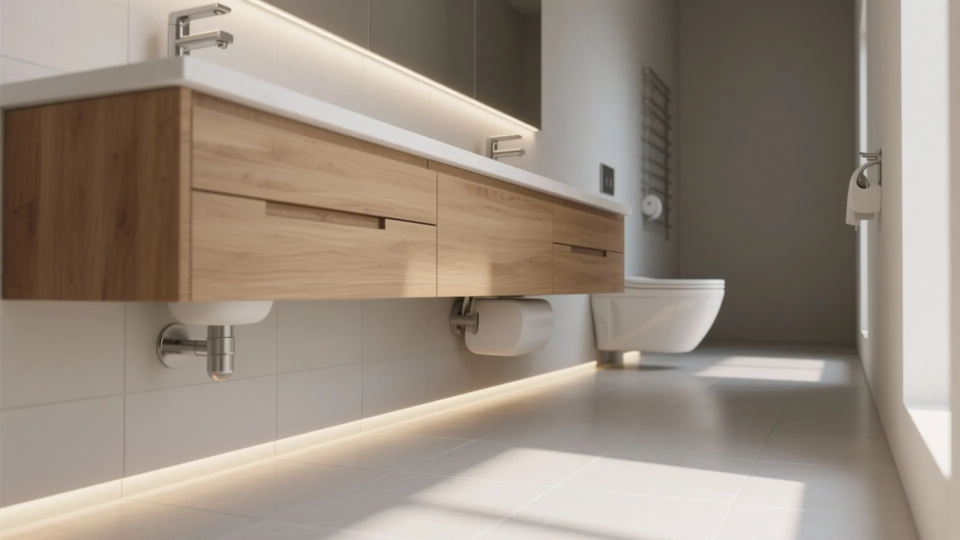 2) Floating vanity + wall-hung toilet: open up the floor