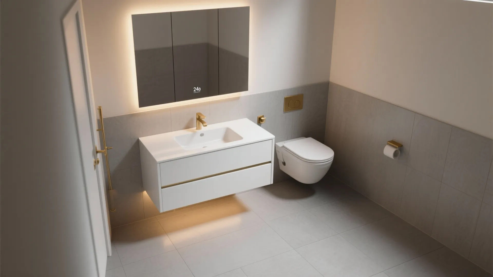 Floating vanity + wall-hung fixtures to free floor space