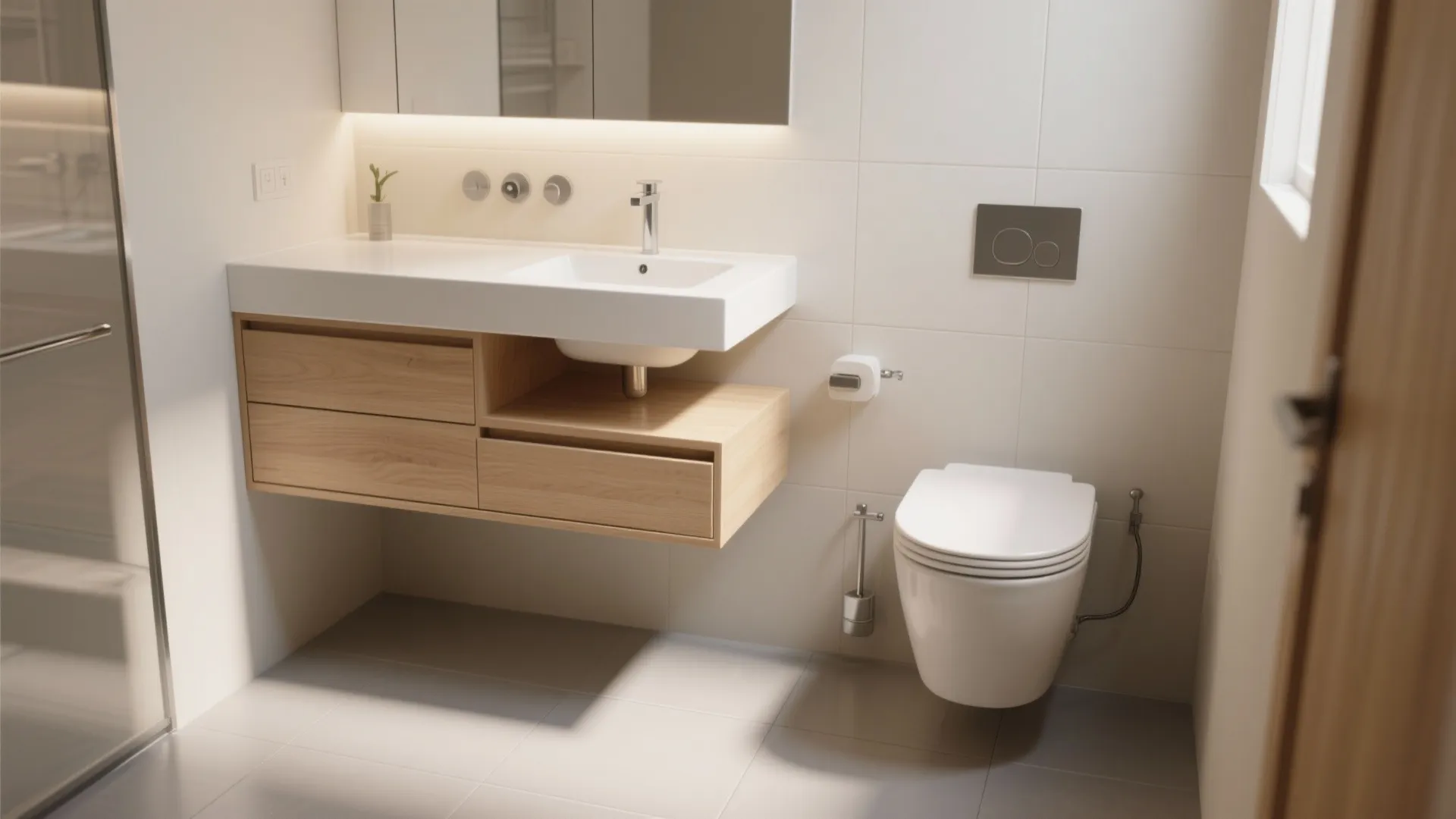 Modern bathroom with white wall mounted toilet and wooden floating cabinet with a white ceramic sink