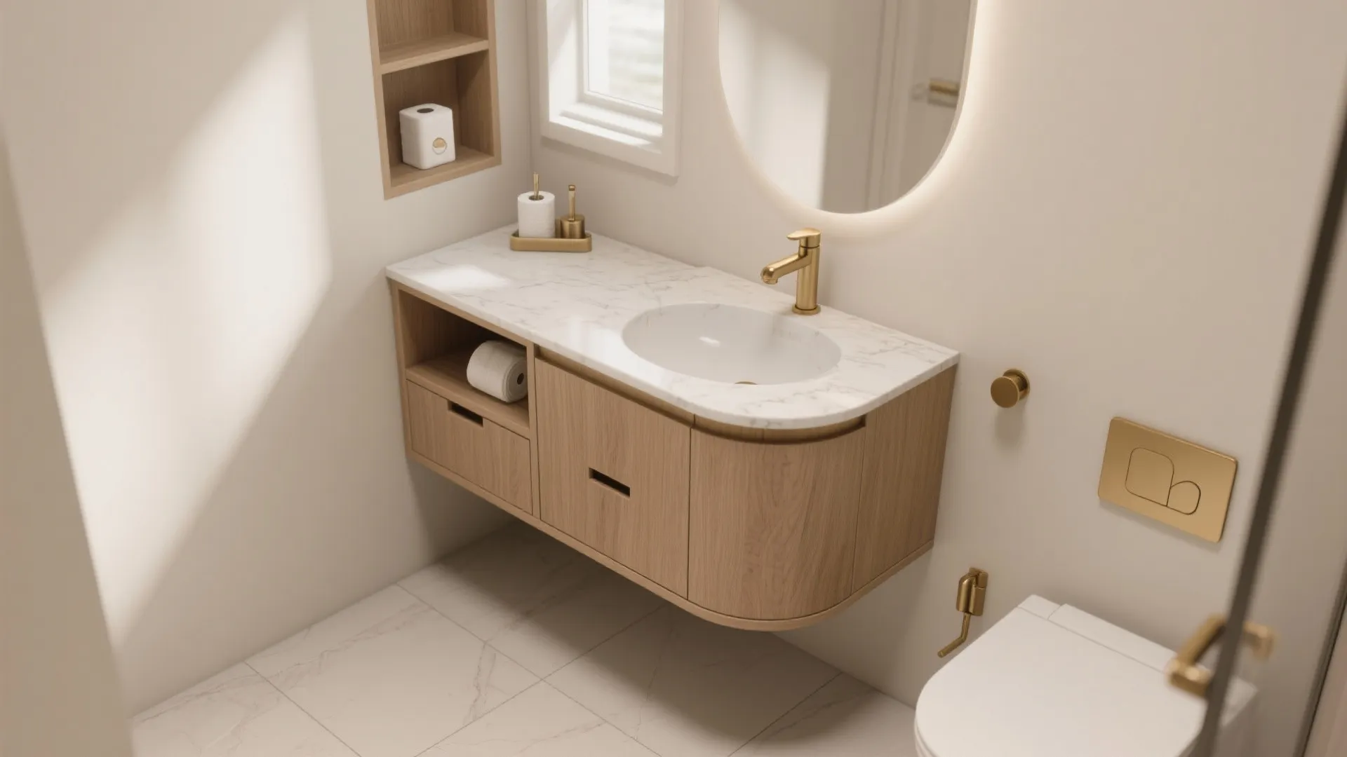 Floating Vanity + Hidden Storage: Max Out Floor Space
