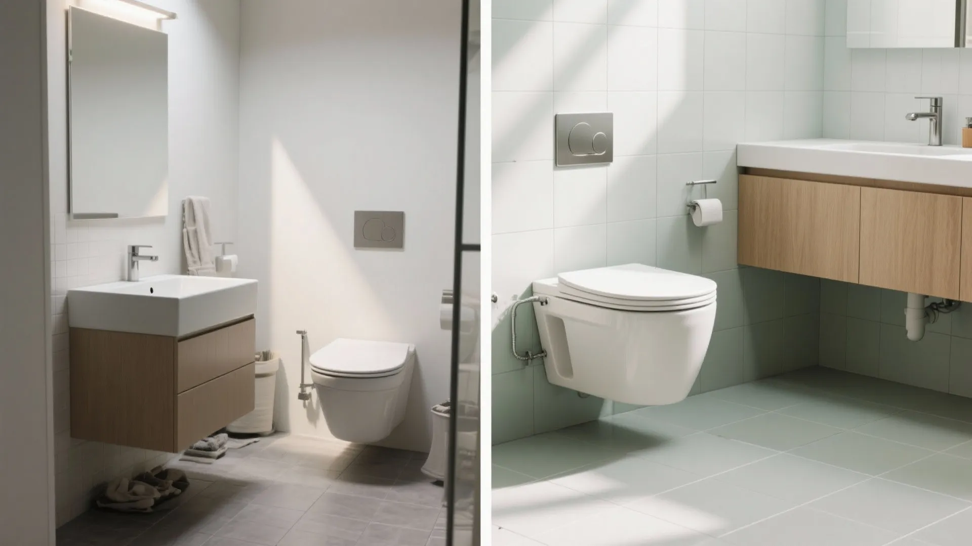 Side-by-side comparison showing two different small bathroom layouts with white toilet and wooden cabinet