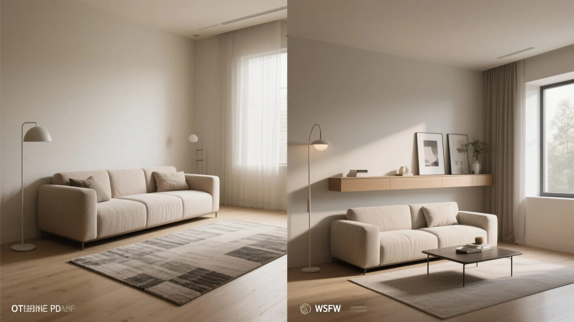 Side by side comparison showing two living room designs with different sofa and floor lamp placements