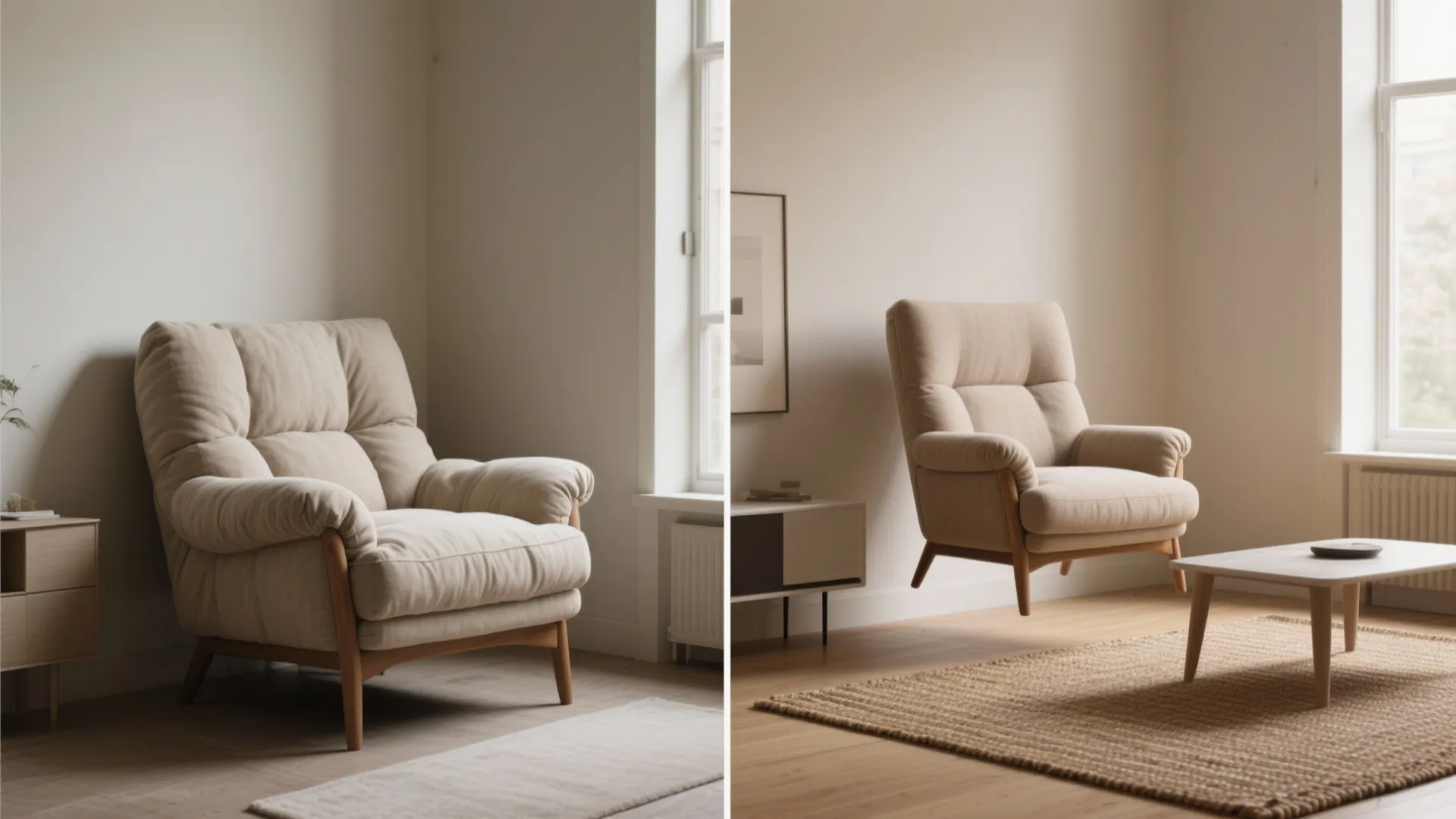 Side by side comparison of a floor armchair versus a floating sofa chair in living room