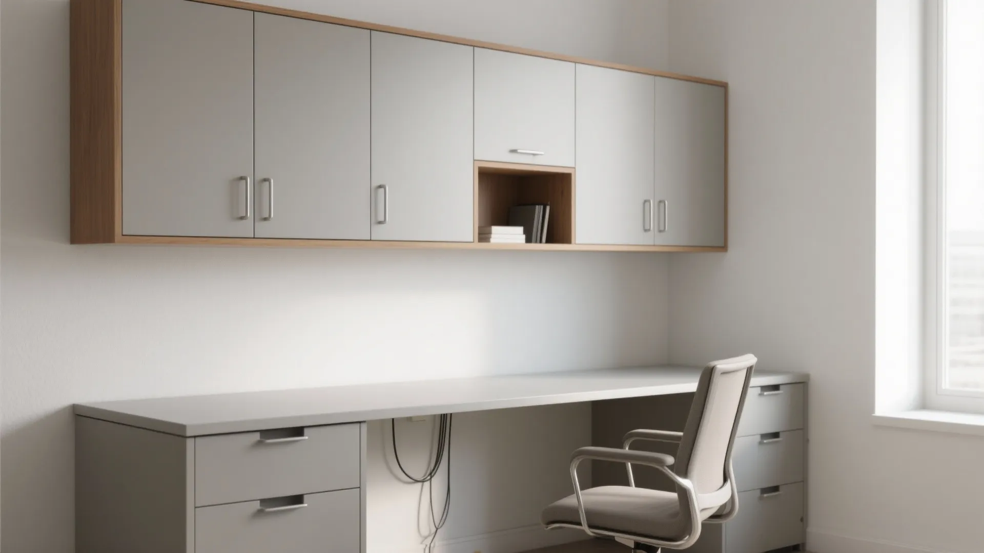 Grey wall mounted cabinets hanging above a long desk with a grey office chair nearby