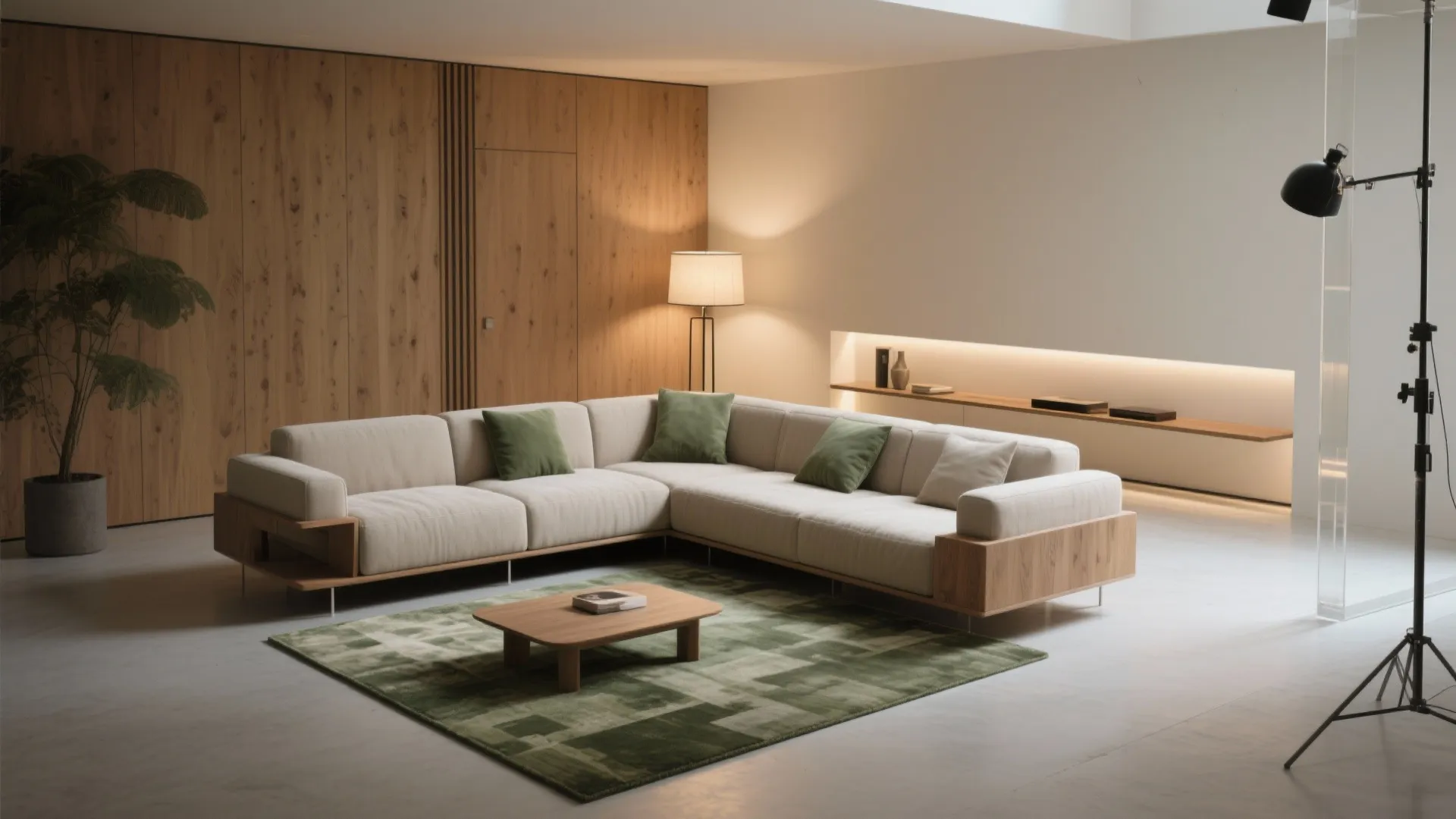 Modern living room featuring a beige corner sofa with green pillows on a patterned rug