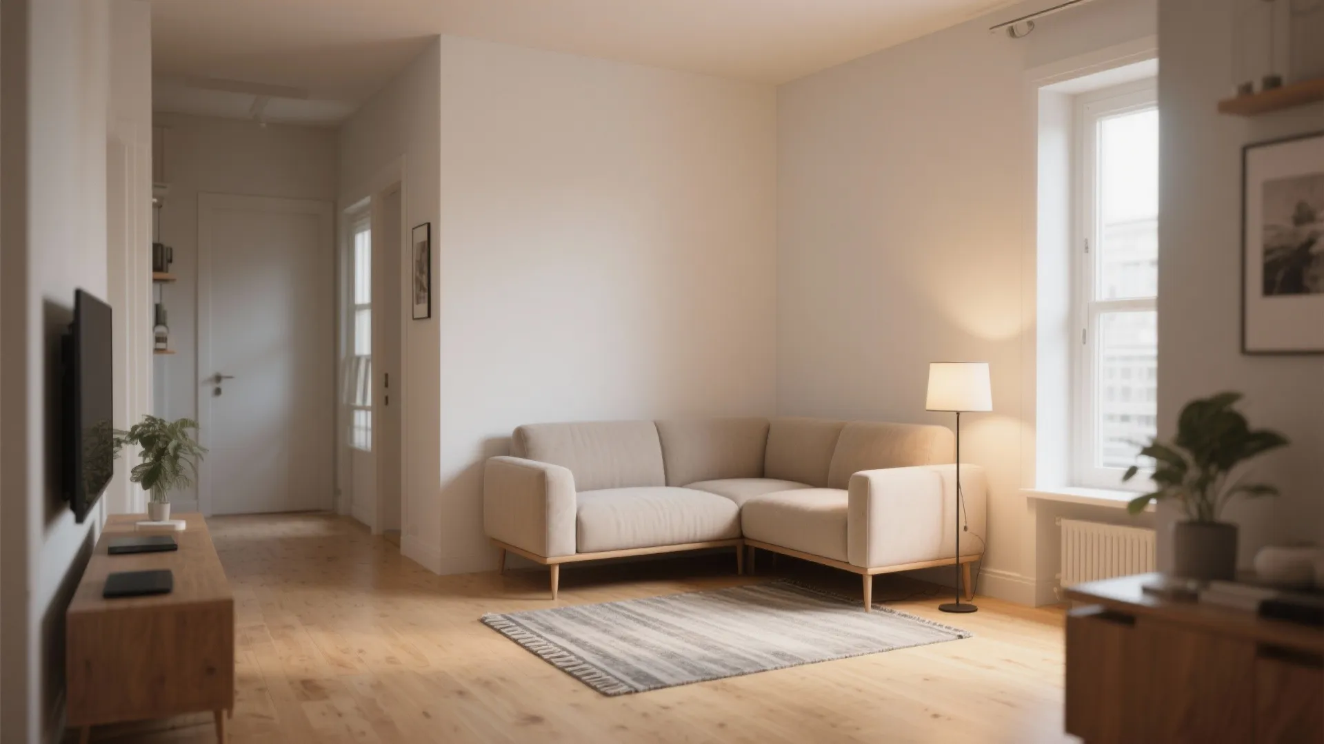 Small living room featuring a corner sofa, floor lamp, wooden cabinet, and natural light window