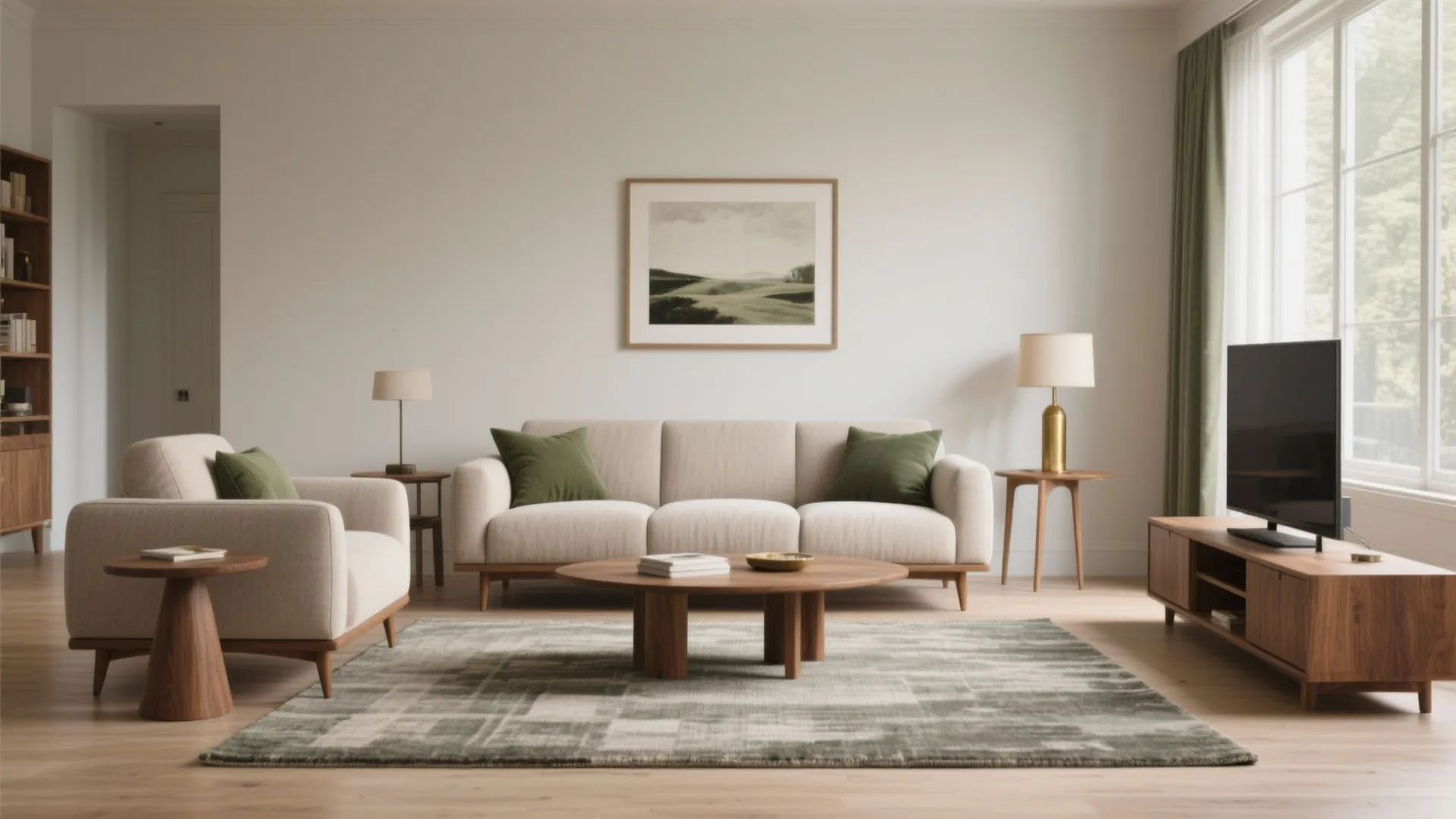Modern living room featuring a cream sofa, patterned rug, wooden coffee table, and natural light