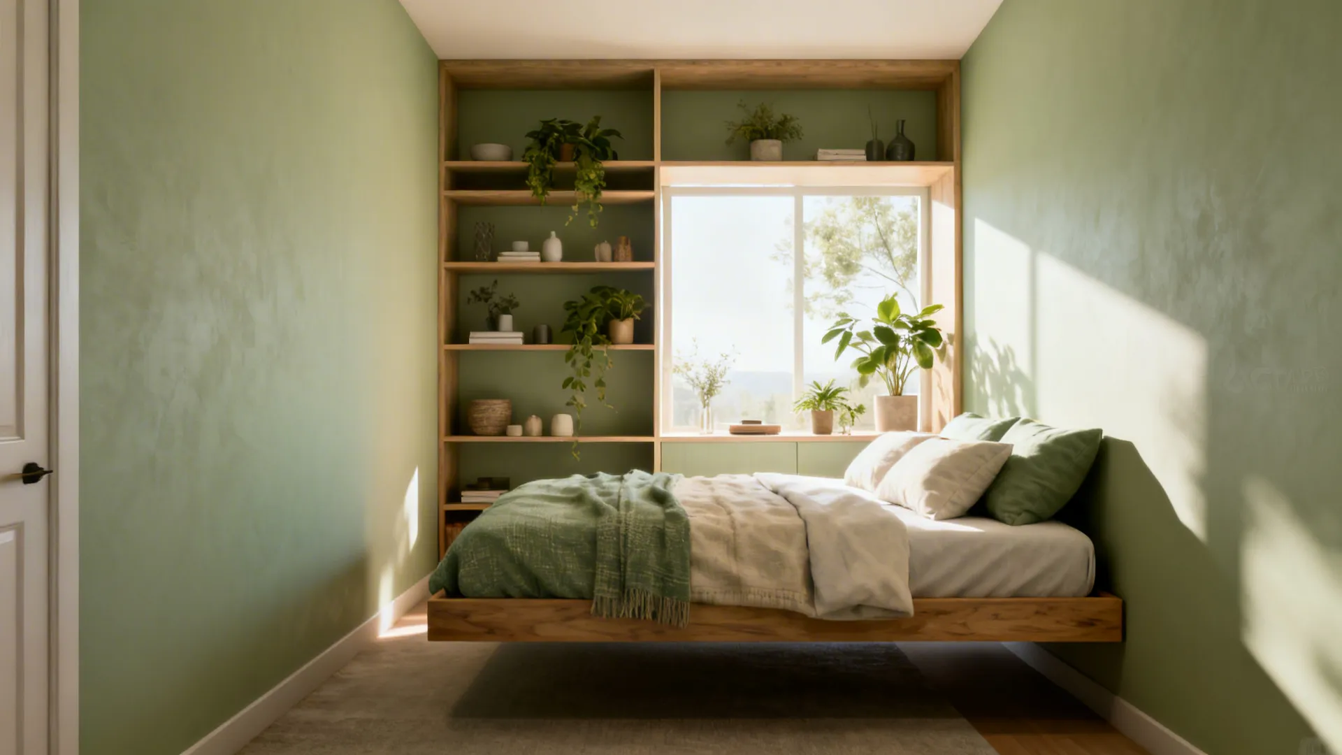 Bed floated from the wall with open shelving behind, letting light pass and creating depth.