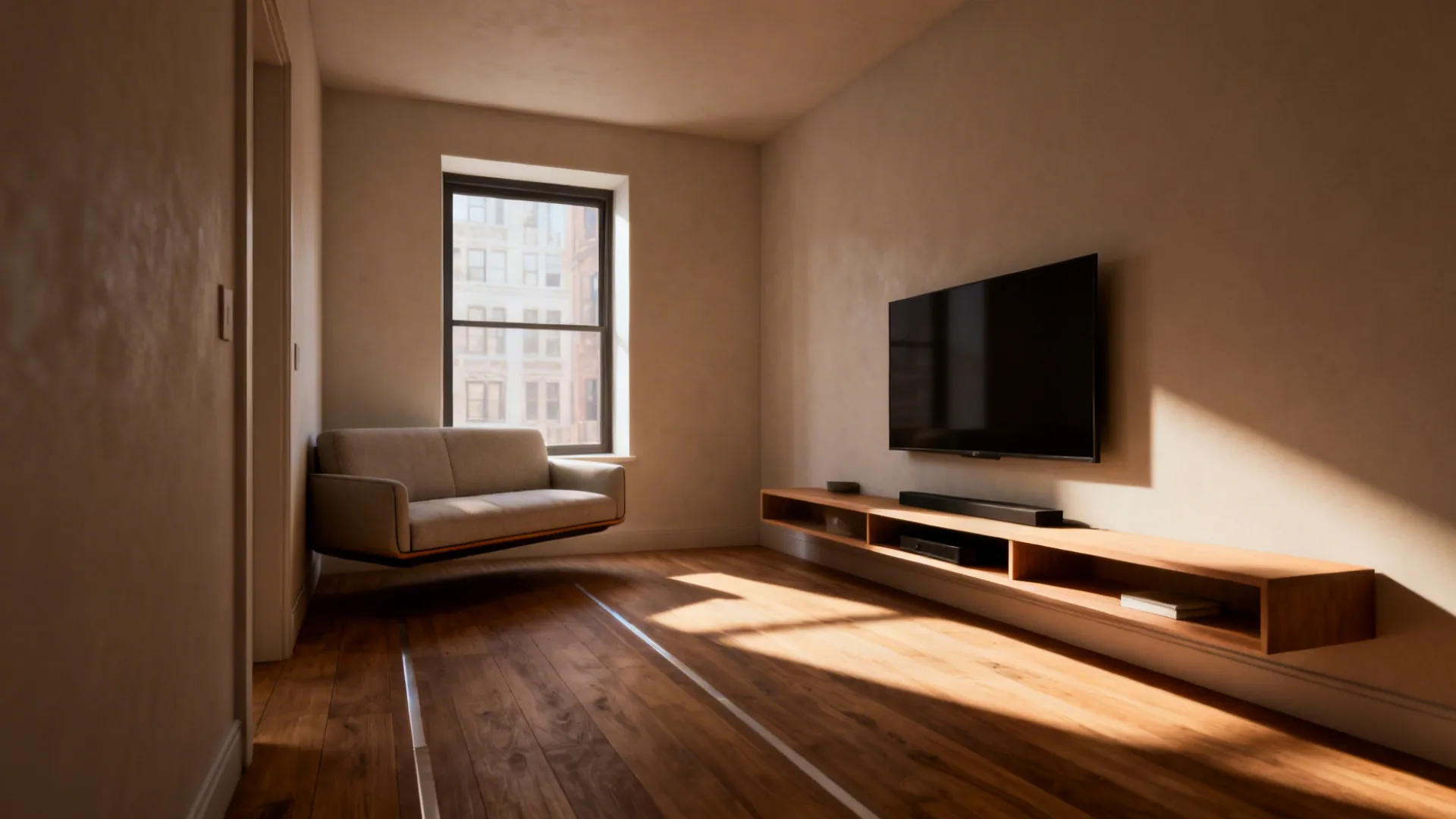 Slim sofa floated from the wall creating clear circulation paths in a small living room.