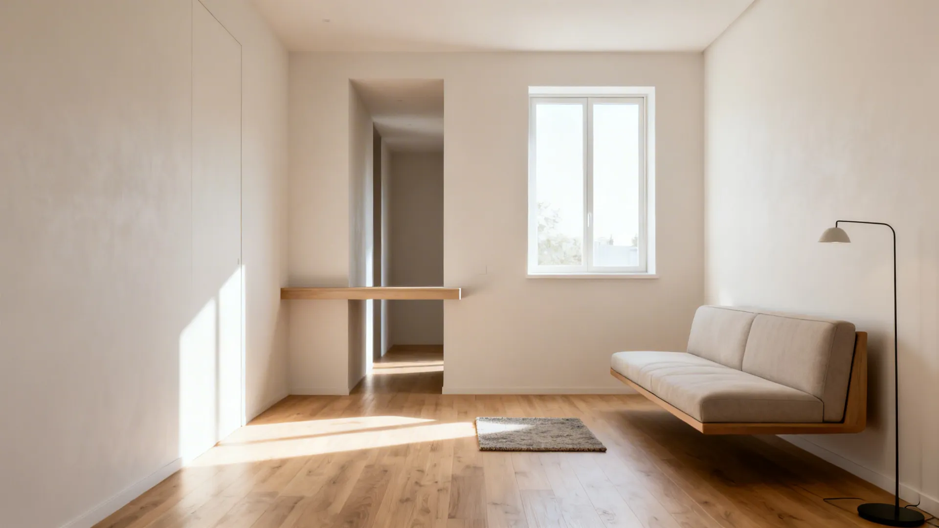 Tiny living room with a slim sofa floated from the wall creating a walking corridor and open sightlines.