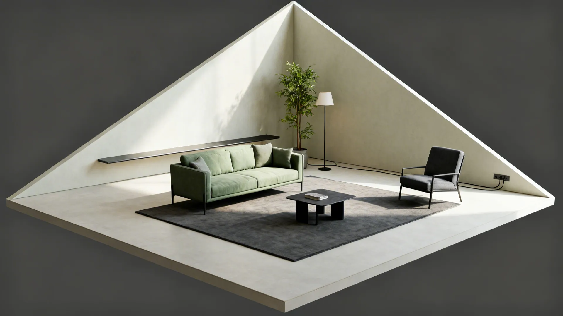 Triangle living room with sofa floated on a rectangular rug and a plant vignette in the acute corner.