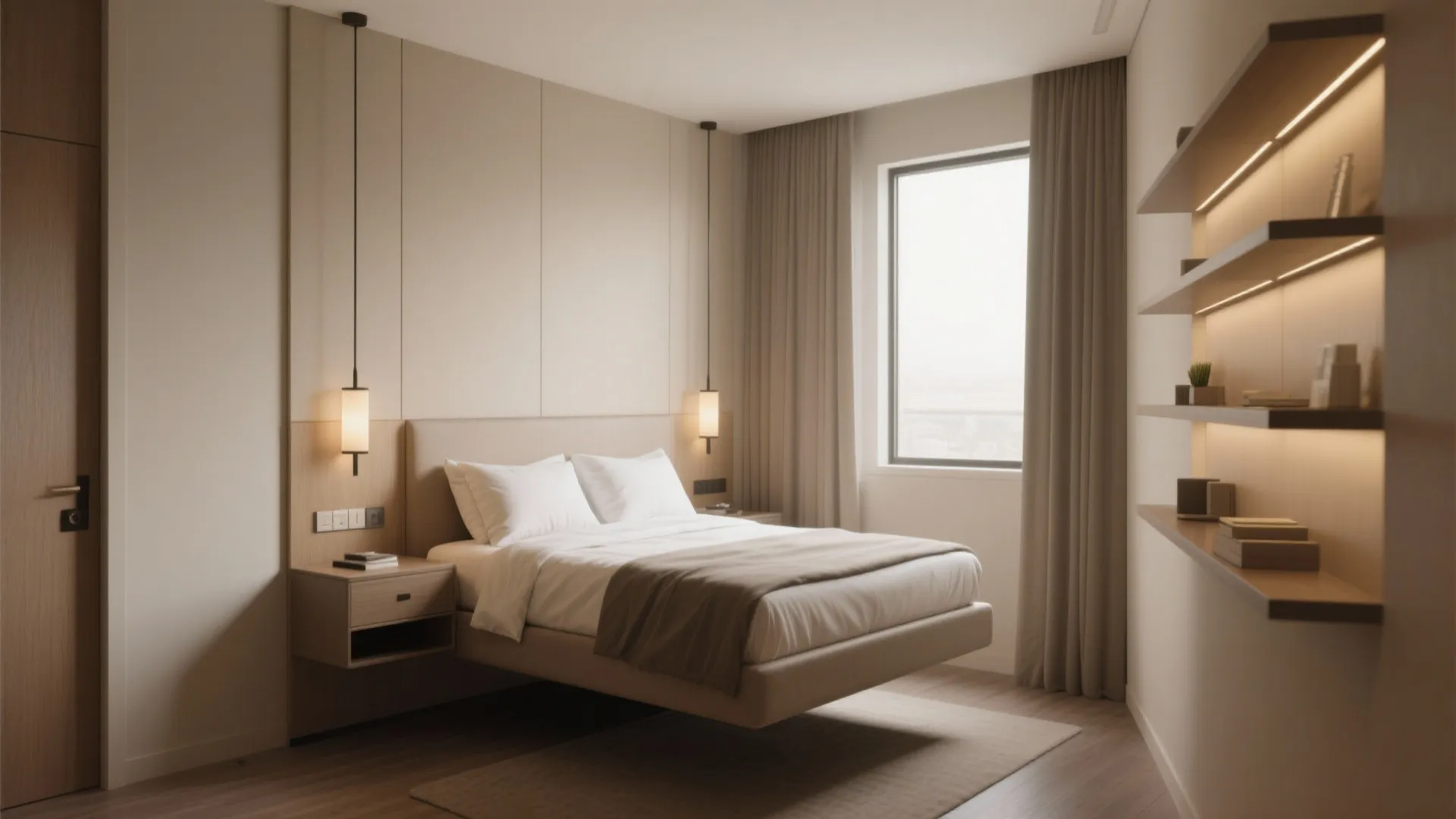 Modern bedroom with floating bed hanging light fixtures wall shelves curtain and large bright windows